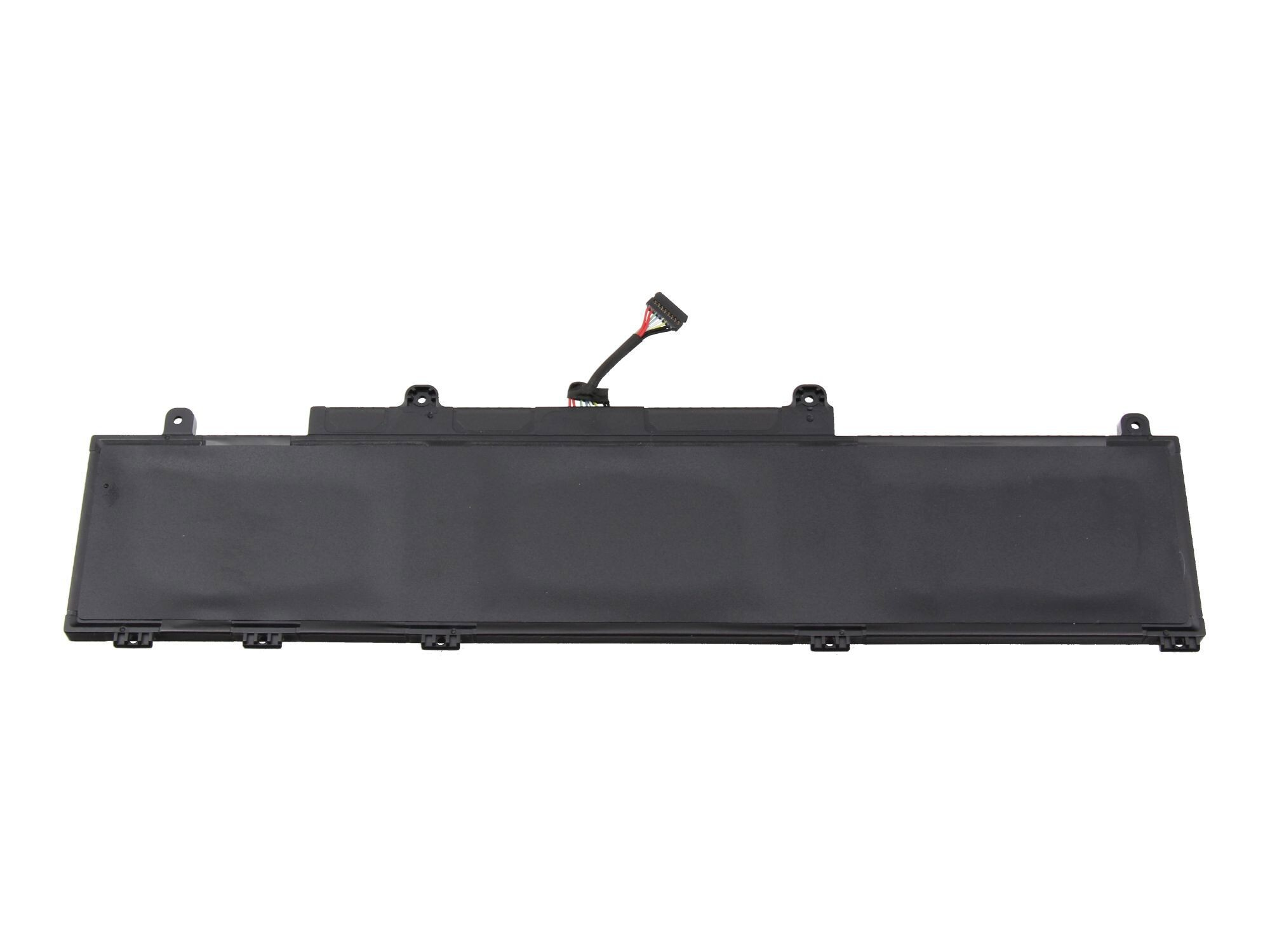 Ein schwarzer Laptop-Akku mit Anschlusskabel.