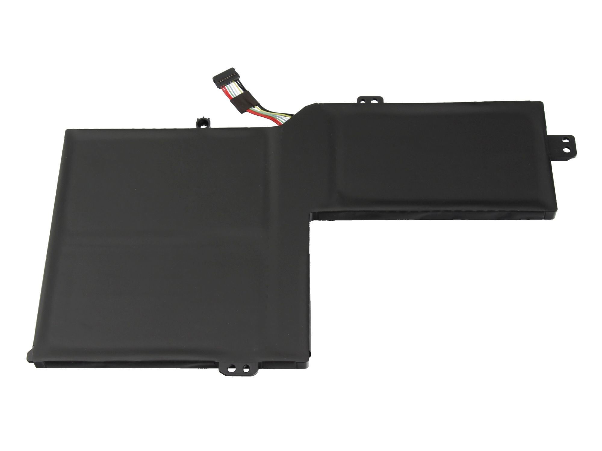 Schwarzer Laptop-Akku mit Anschluss, L-förmiges Design, auf weißem Hintergrund.