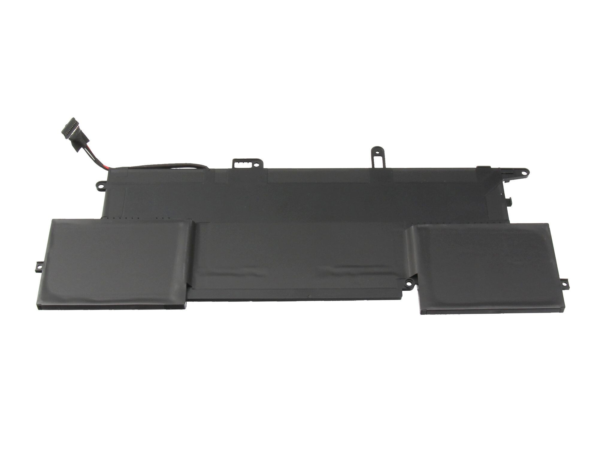 Ein schwarzer Laptop-Akku mit drei rechteckigen Abschnitten. Er hat eine schwarze Oberfläche mit einem Anschluss und einigen Details.