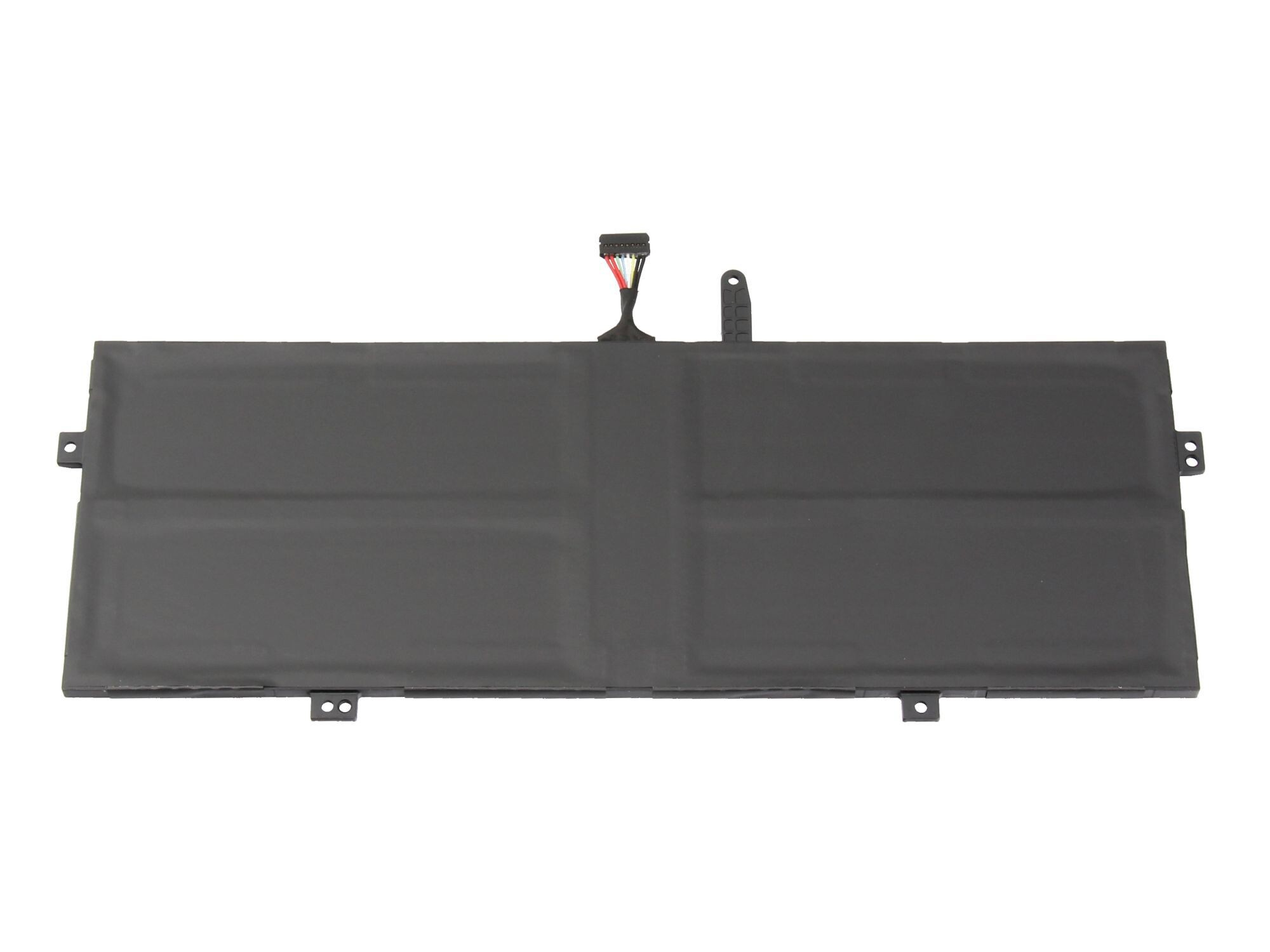 Ein schwarzer Laptop-Akku mit Stecker, vor weißem Hintergrund.