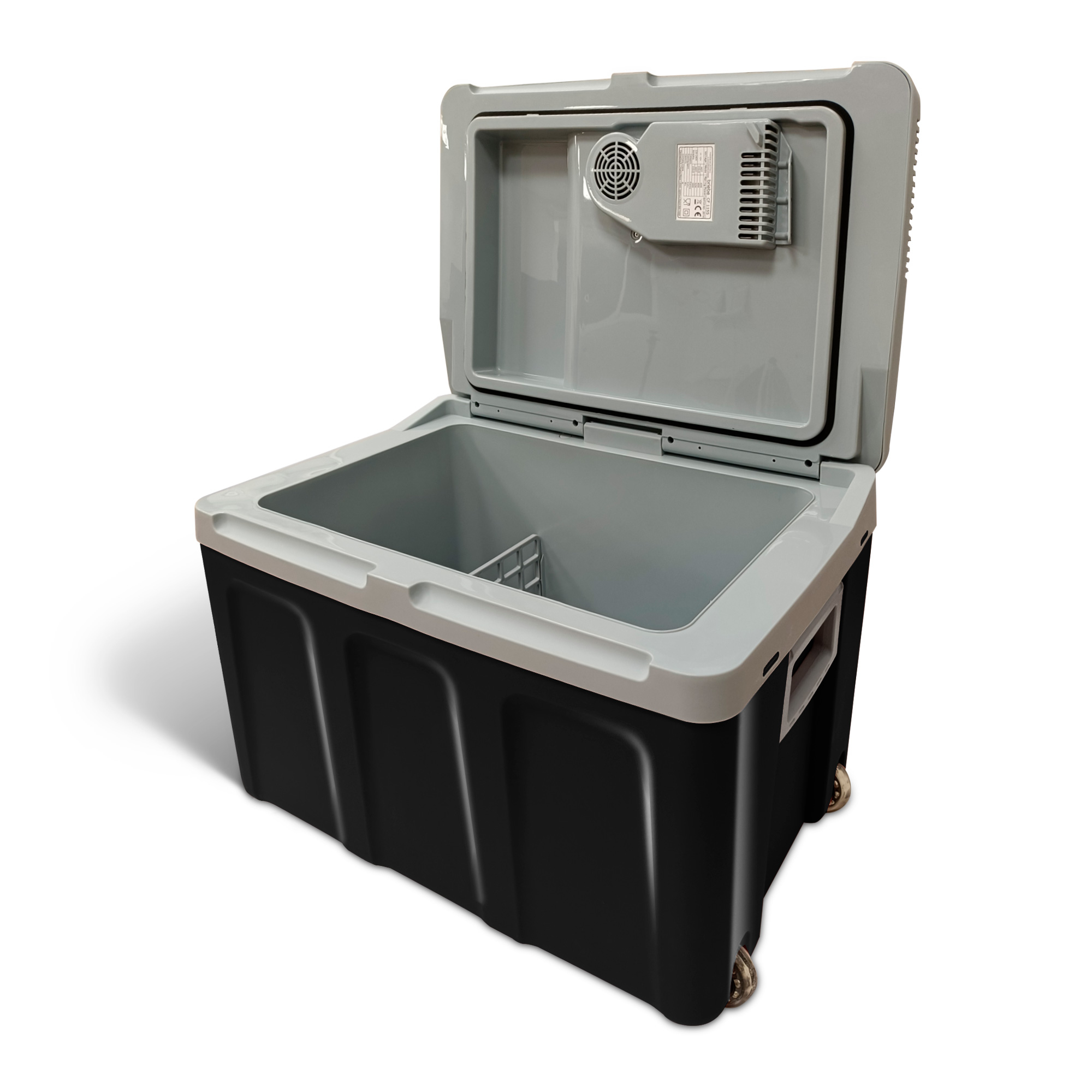 Eine geöffnete schwarz-graue Kühlbox mit grauem Innenraum und zwei Rädern.