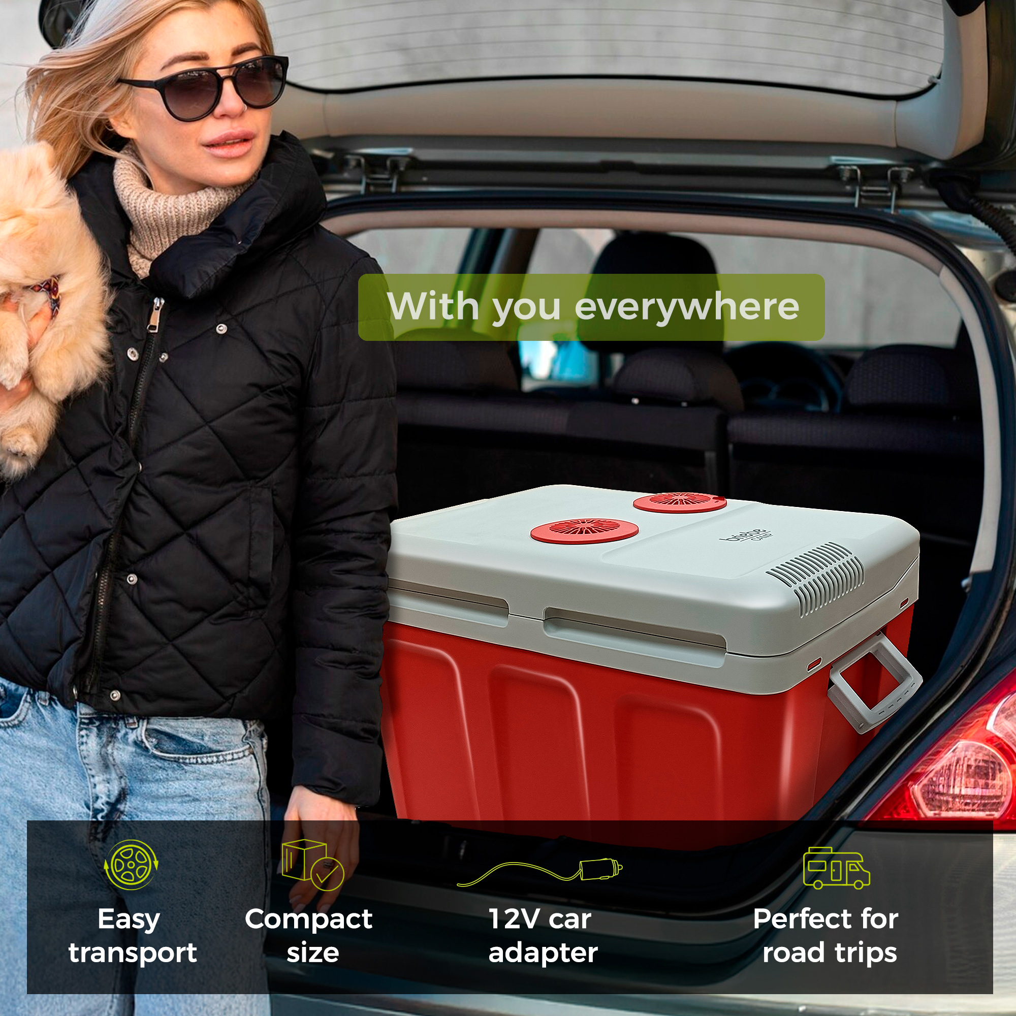 Frau mit Hund neben einem Auto mit roter Kühlbox im Kofferraum. Text: Überall mit Ihnen.