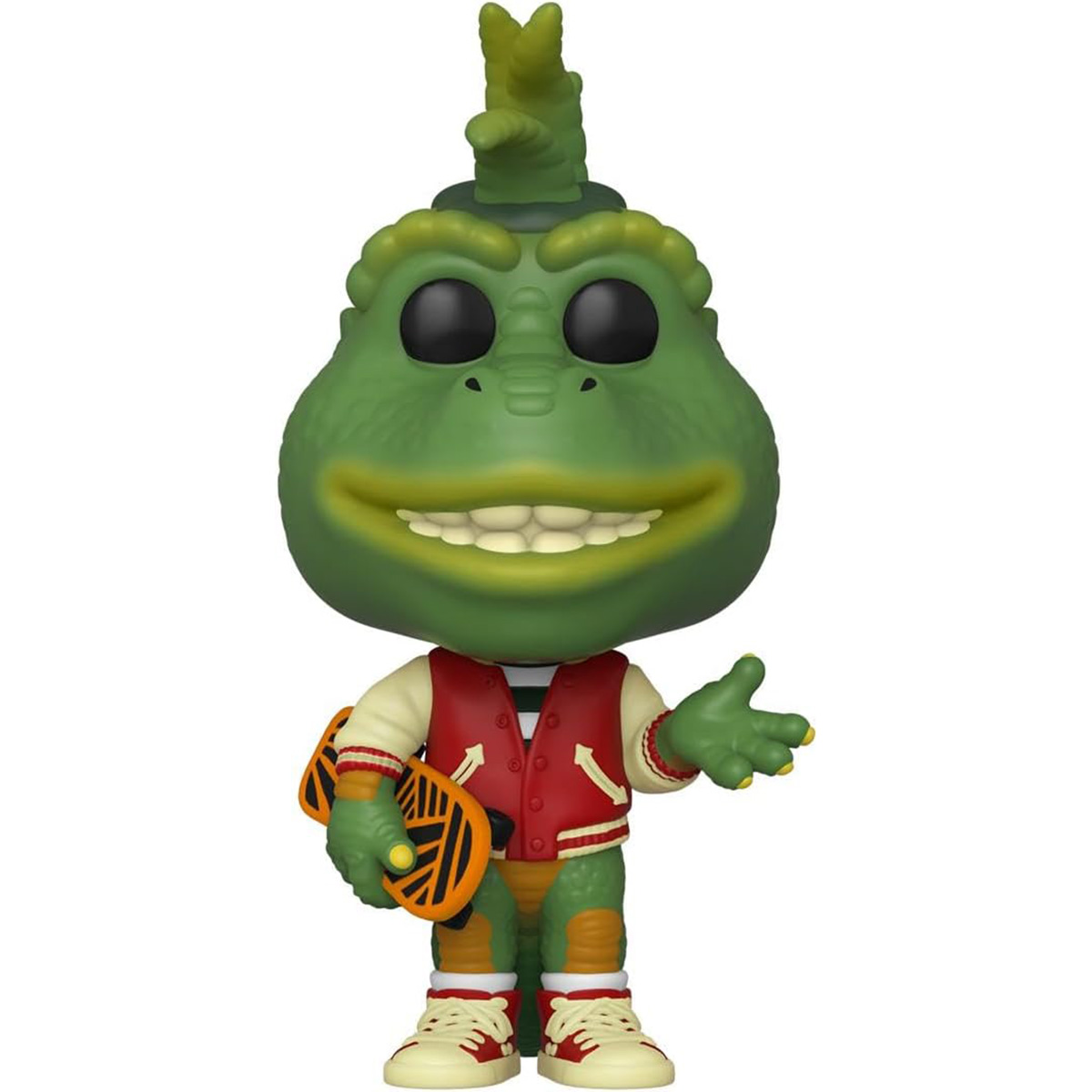 Statuetta di dinosauro con giacca e scarpe da ginnastica che tiene uno skateboard, pelle verde, su sfondo bianco.