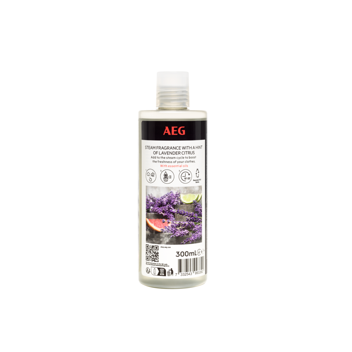 Botella de fragancia de vapor AEG con ilustraciones de lavanda y cítricos.