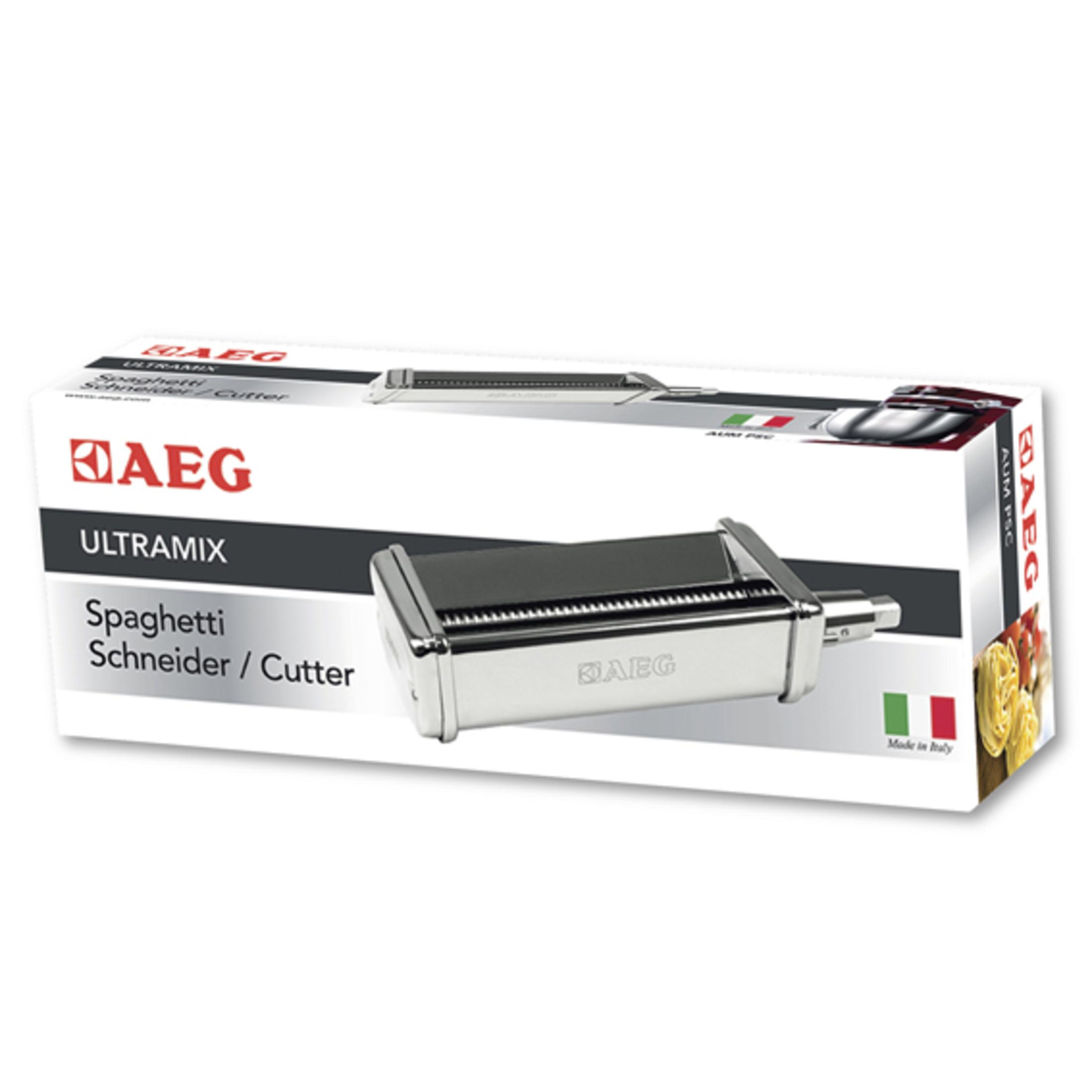 Caja de la máquina de pasta AEG Ultramix. Muestra una máquina de pasta en el frente.