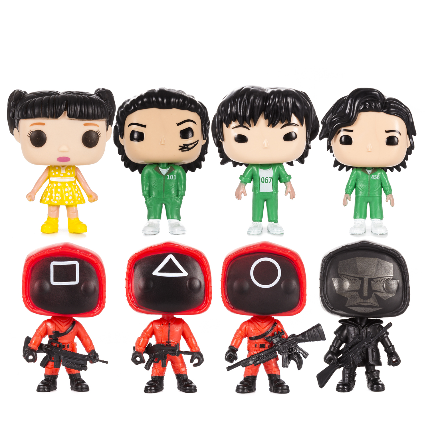 Personaggi Funko Pop di Squid Game: una bambola, due personaggi in tuta verde e quattro guardie rosse con armi.