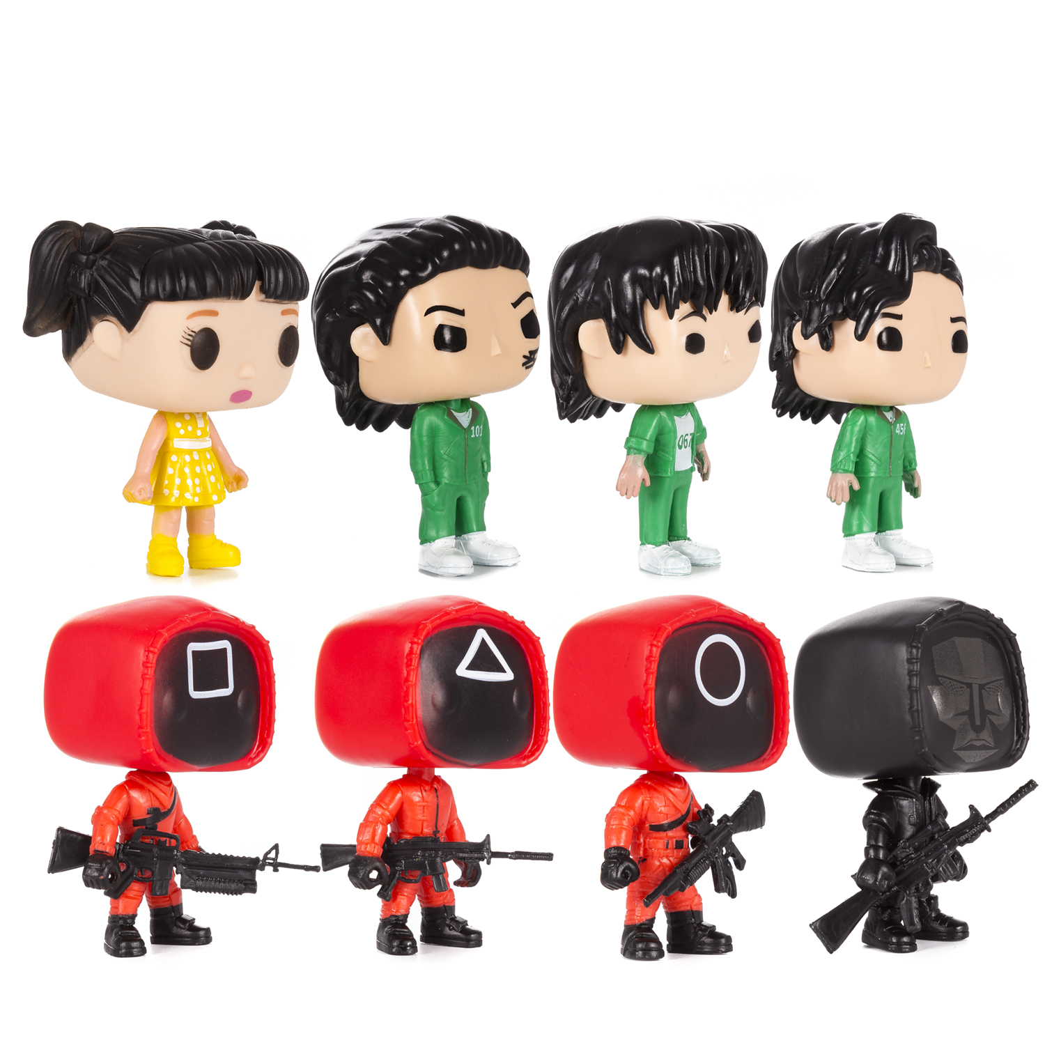 Action figure di Squid Game. Otto figure che rappresentano i personaggi della serie.