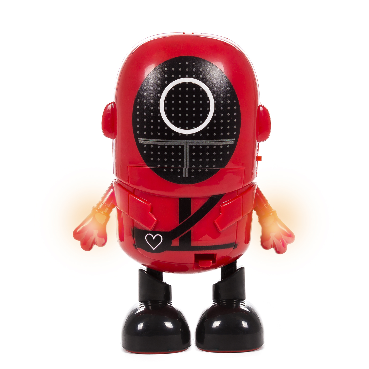 Robot giocattolo rosso con mani luminose su sfondo bianco.