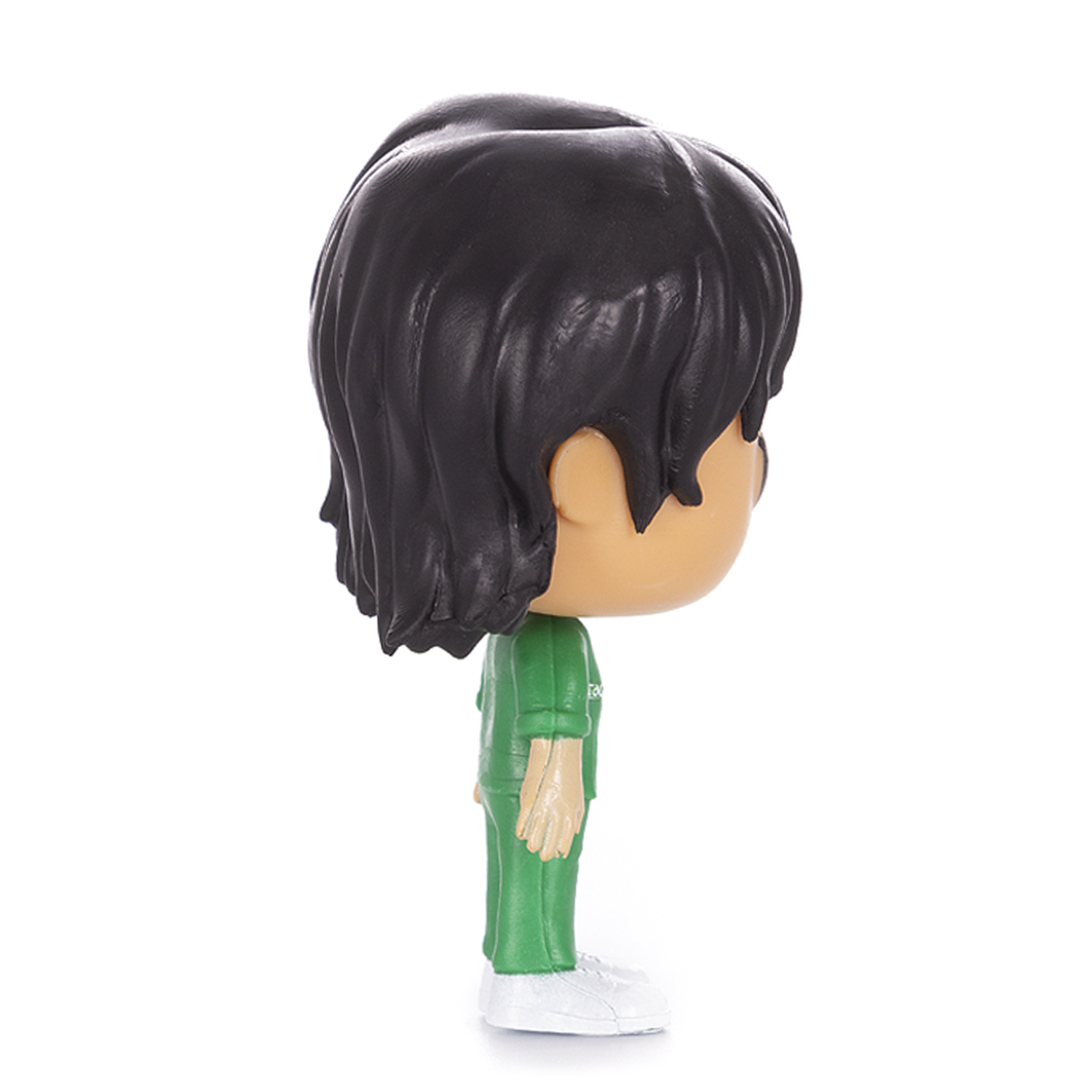 Funko Pop Figur eines Mannes im grünen Trainingsanzug aus der Squid Game Serie, weißer Hintergrund.