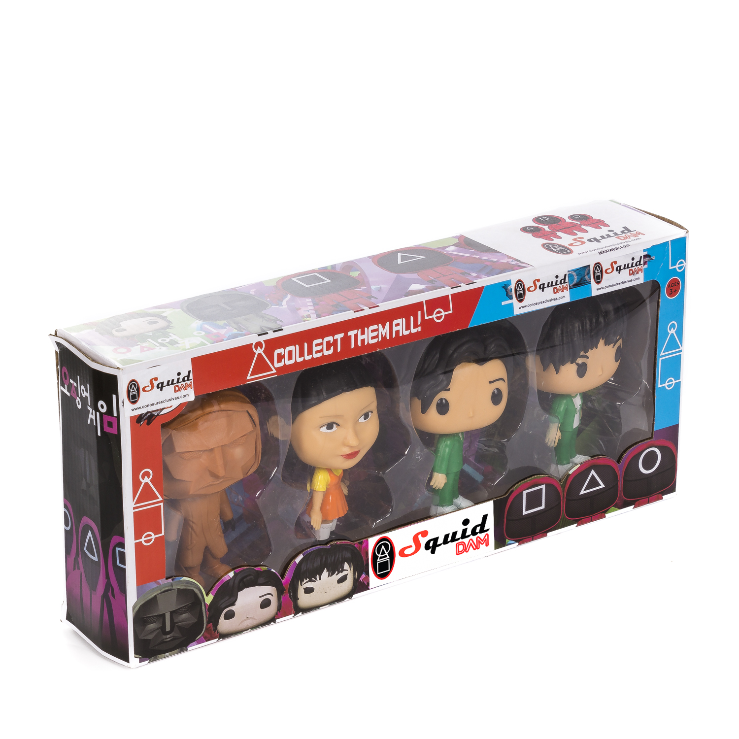 Set di scatole di figurine di Squid Game in una vetrina, vari design di personaggi.