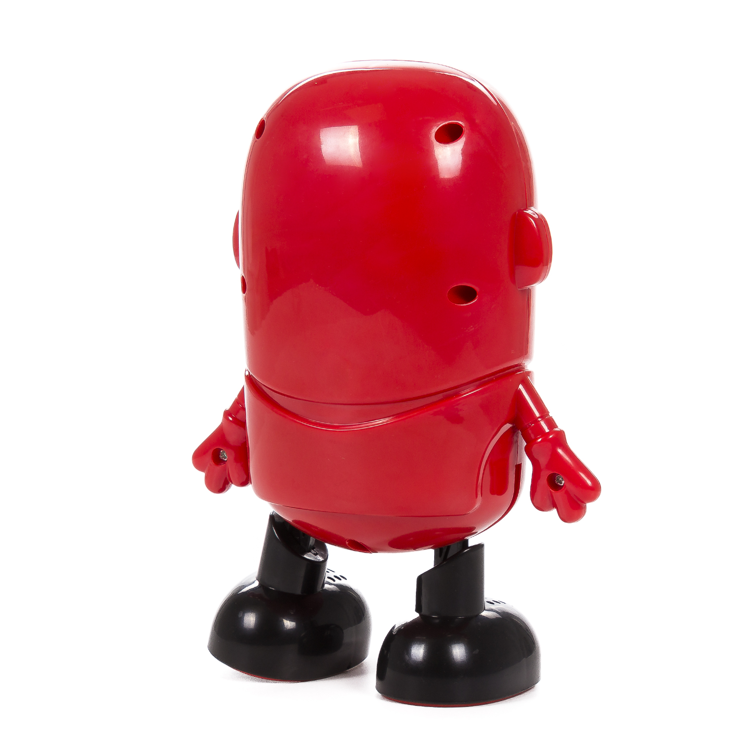 Robot giocattolo rosso con gambe e braccia nere. È in piedi su una superficie bianca. Lo sfondo è bianco.