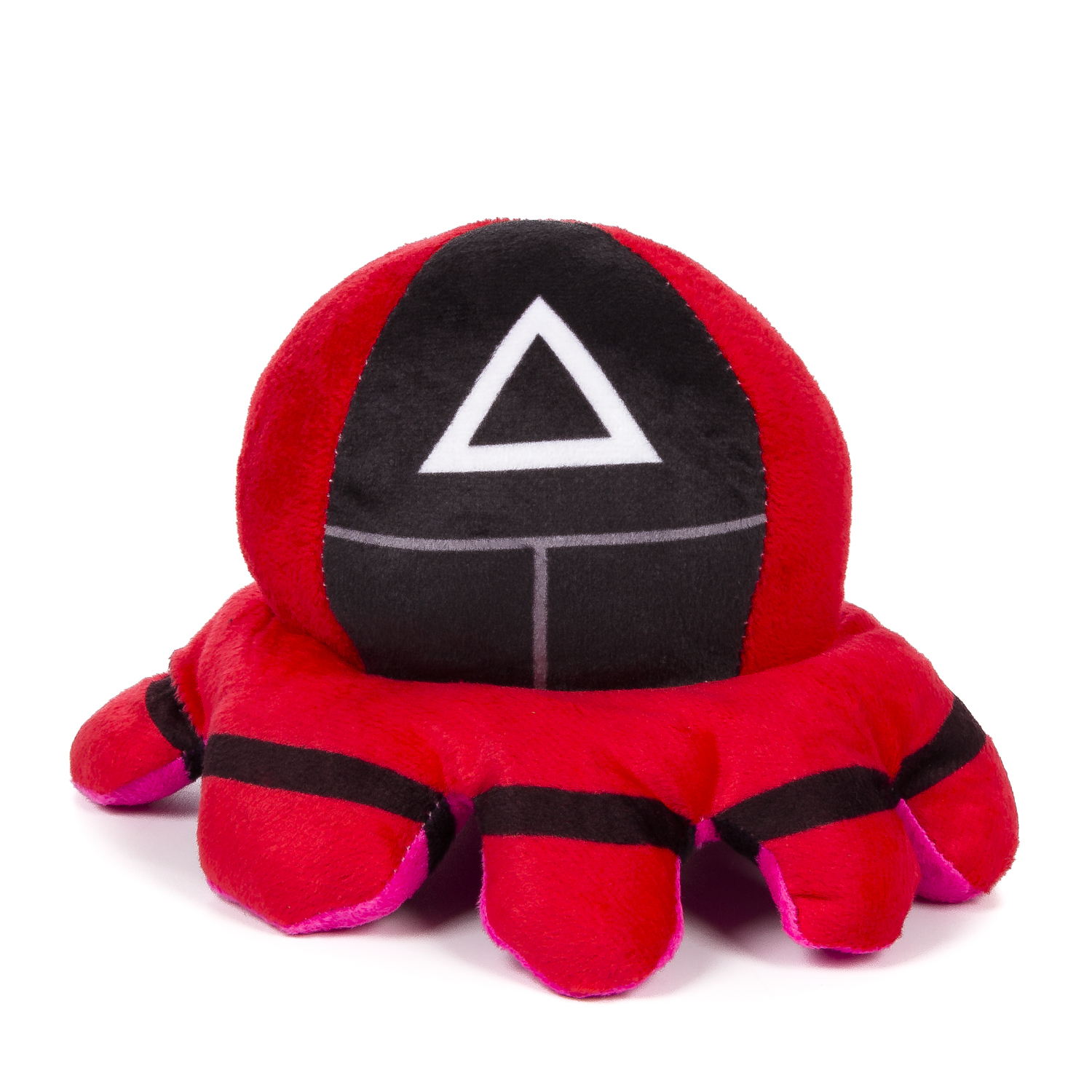 Peluche rosso di Squid Game con simbolo triangolare bianco e nero.
