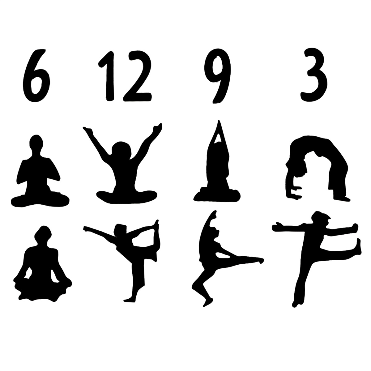 Schwarze Yoga-Silhouetten mit Zahlen 6, 12, 9, 3. Weißer Hintergrund.