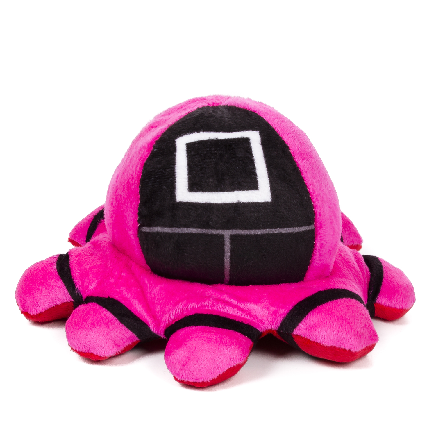 Peluche rosa Squid Game con dettagli maschera nera. Sfondo bianco.