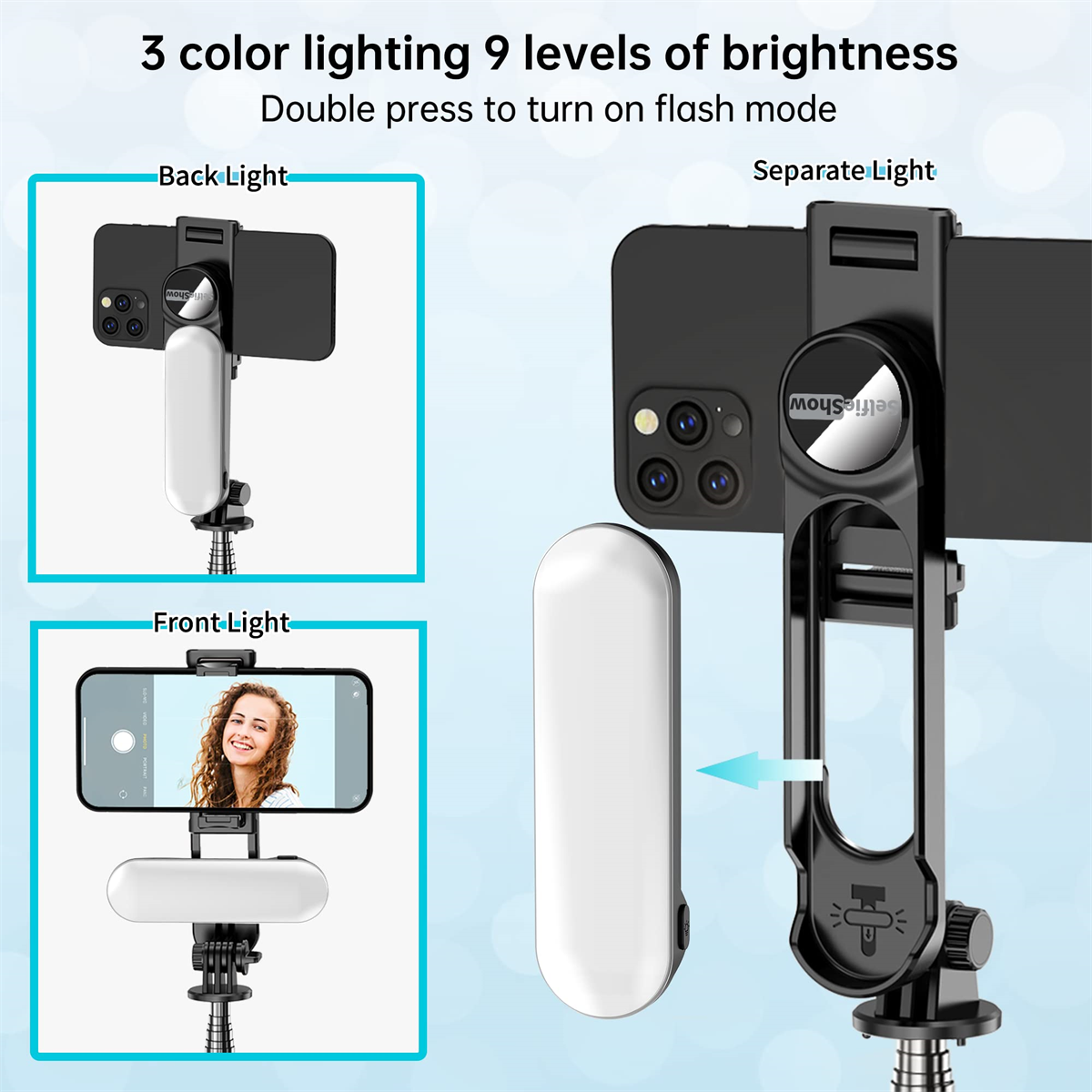Smartphone-Lichtzubehör mit mehreren Anwendungsbeispielen.
