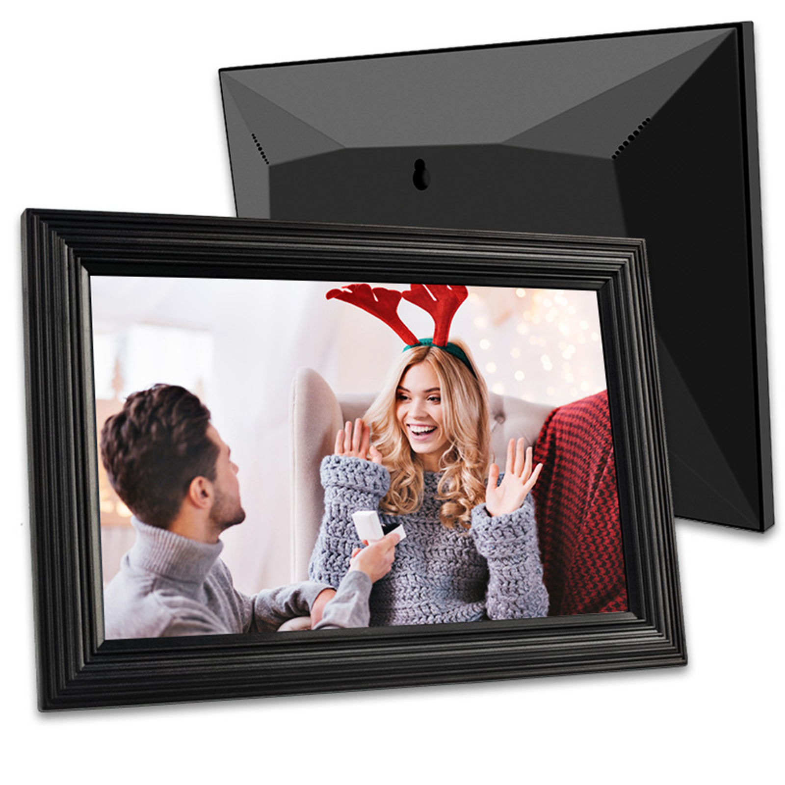 Digitaler Bilderrahmen mit einem Paar, mit schwarzem Rahmen. Ein weiterer Rahmen ist sichtbar.