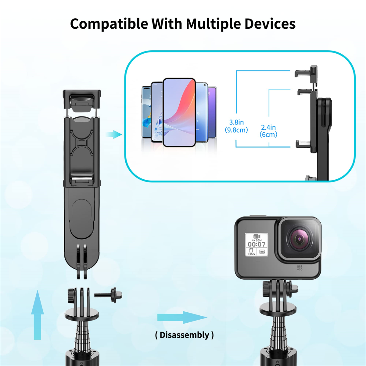 Diagramm, das einen Selfie-Stick und ein Telefon zeigt. Der Stick ist zerlegt und das Telefon ist daran befestigt.