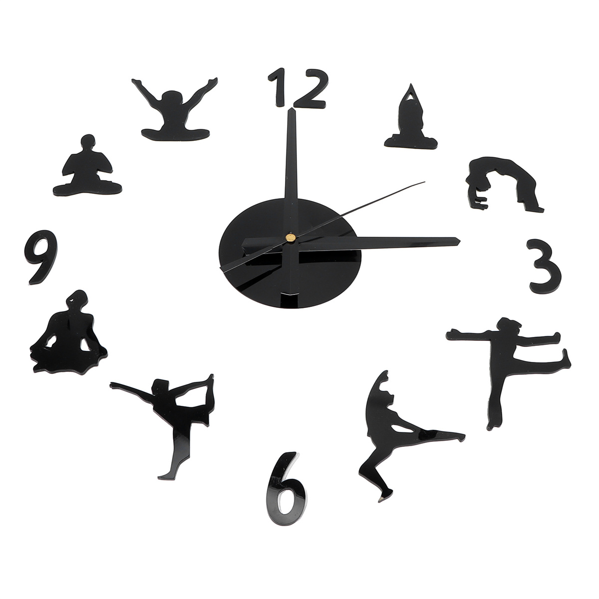 Schwarze Yoga-Wanduhr mit Zahlen und Yoga-Posen. Die Zeiger zeigen auf 12:15 Uhr.