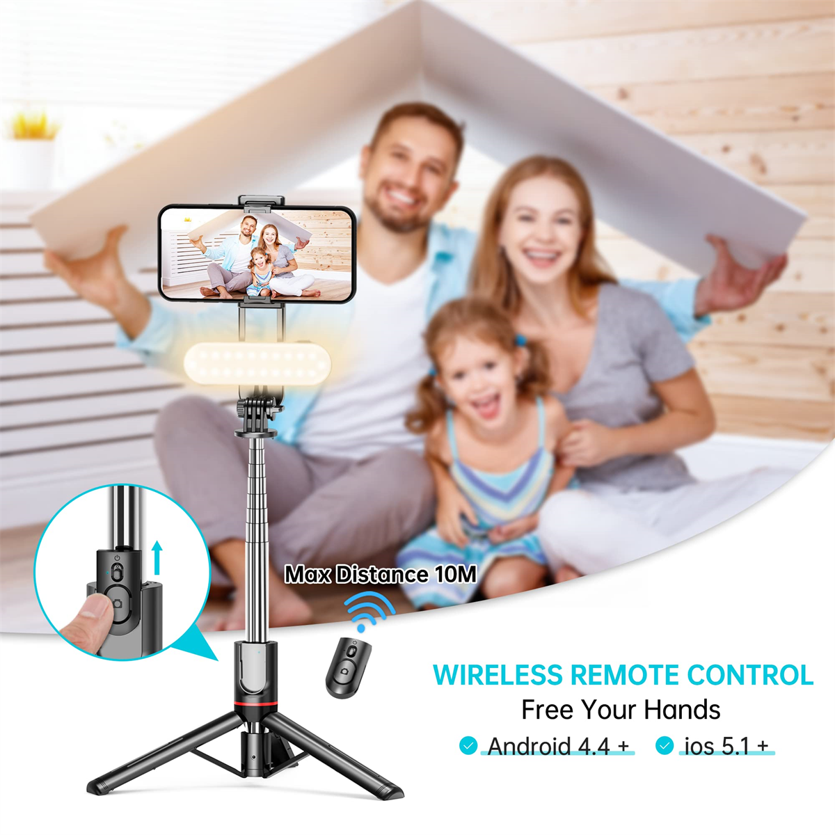 Familie benutzt Telefon auf einem Stativ mit Fernbedienung. Text: Wireless Remote Control.