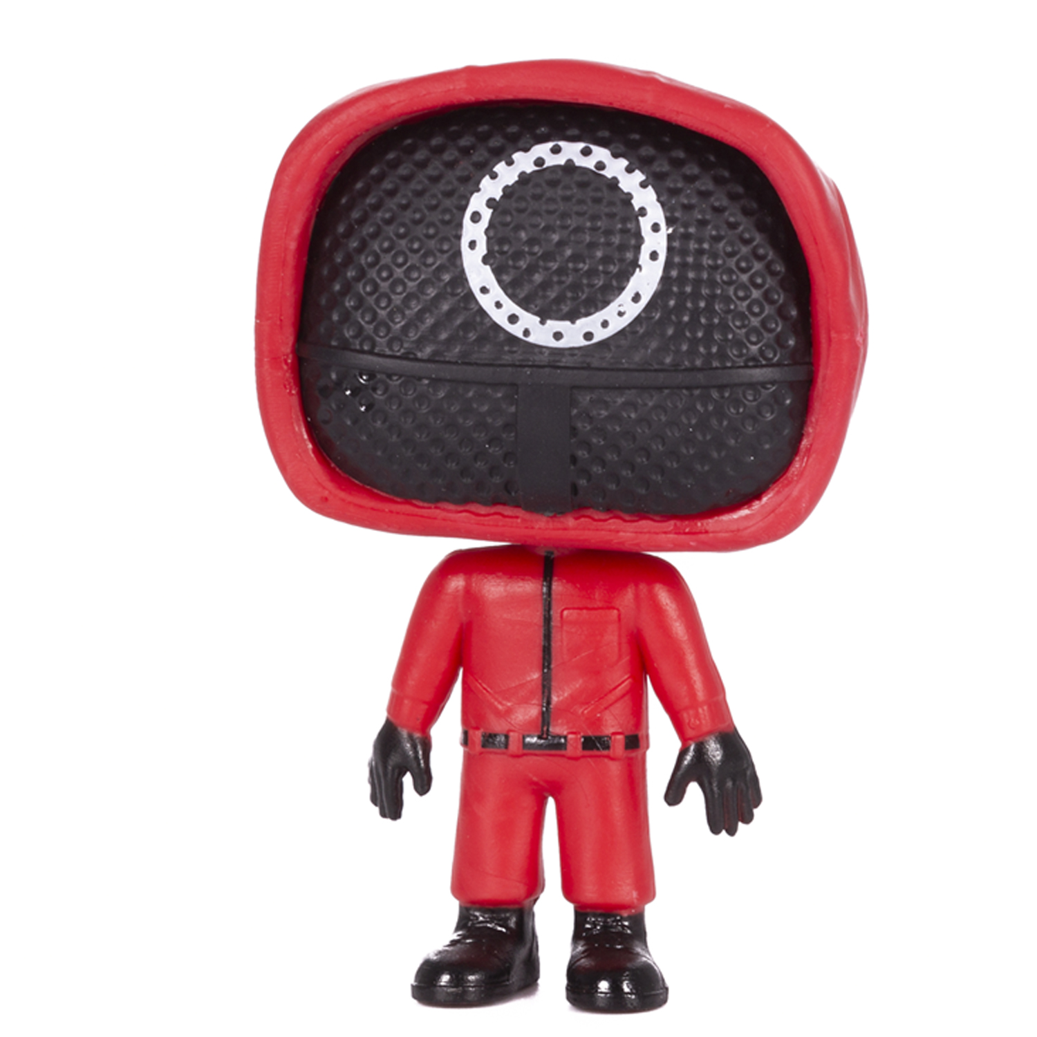 Una statuetta di Squid Game con una tuta rossa e una maschera nera.