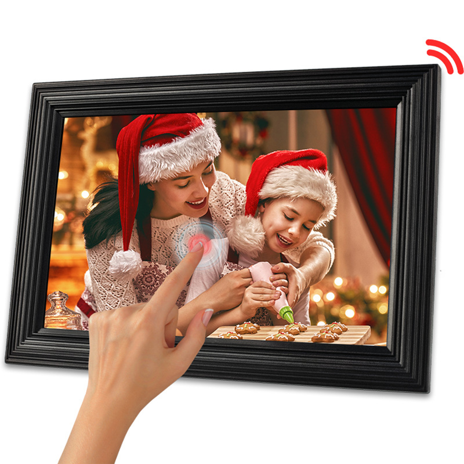 Ein digitaler Bilderrahmen, der eine Weihnachtsszene zeigt, mit einer Hand, die den Bildschirm berührt.