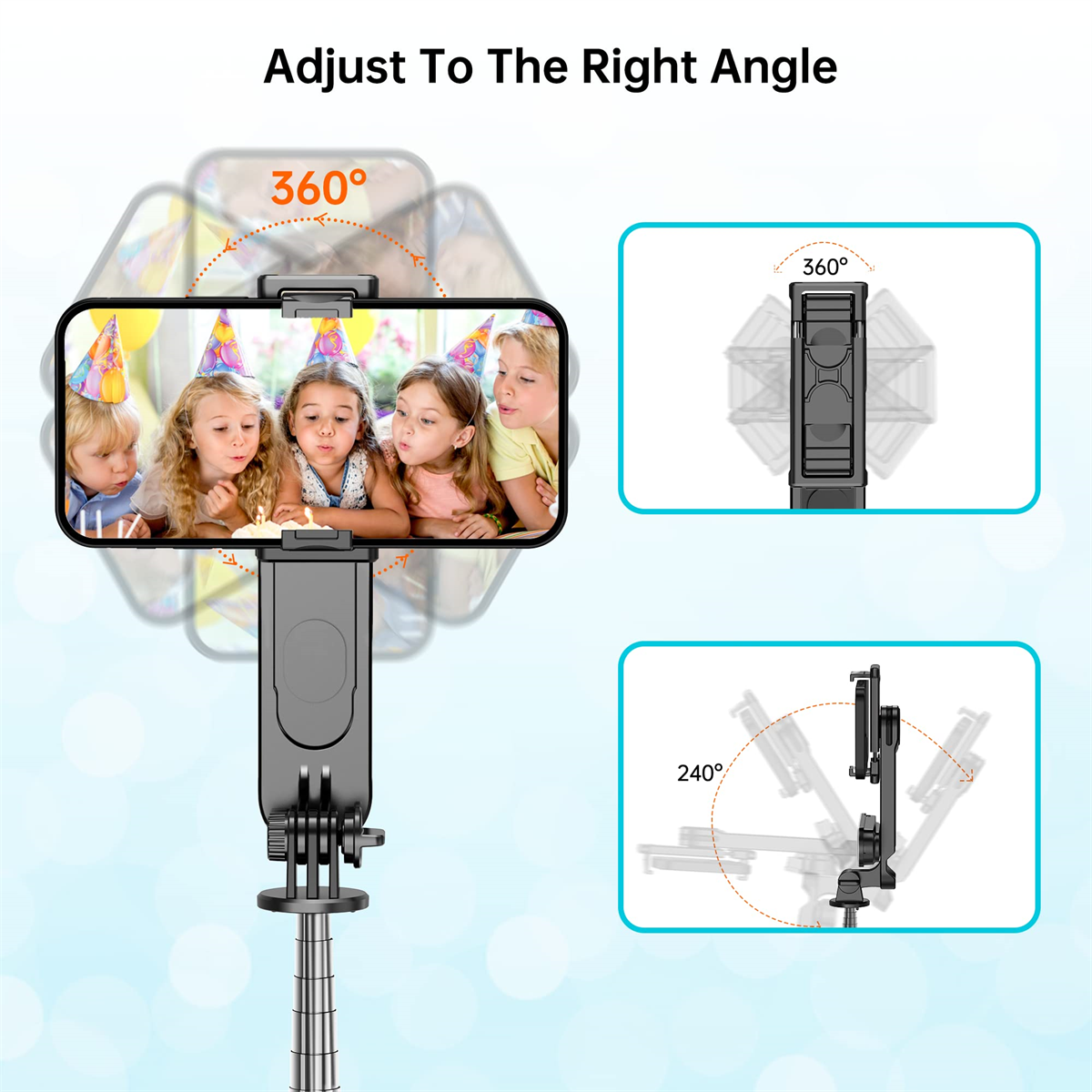 Ein Telefon auf einem Selfie-Stick wird im Bild mit verschiedenen Winkeloptionen gezeigt.