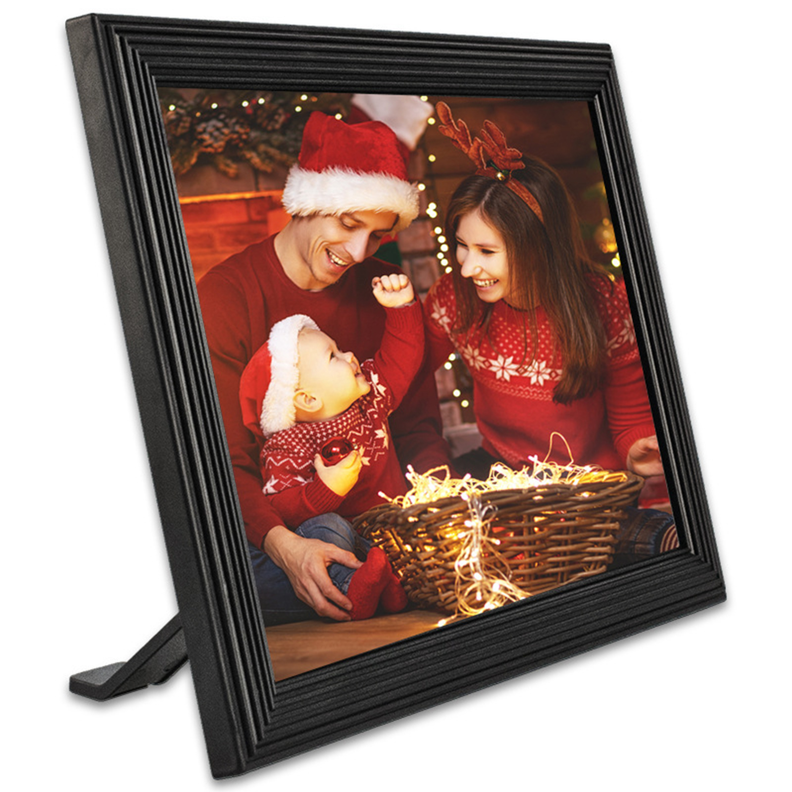 Gerahmtes Foto: Familie in Weihnachtsoutfit.