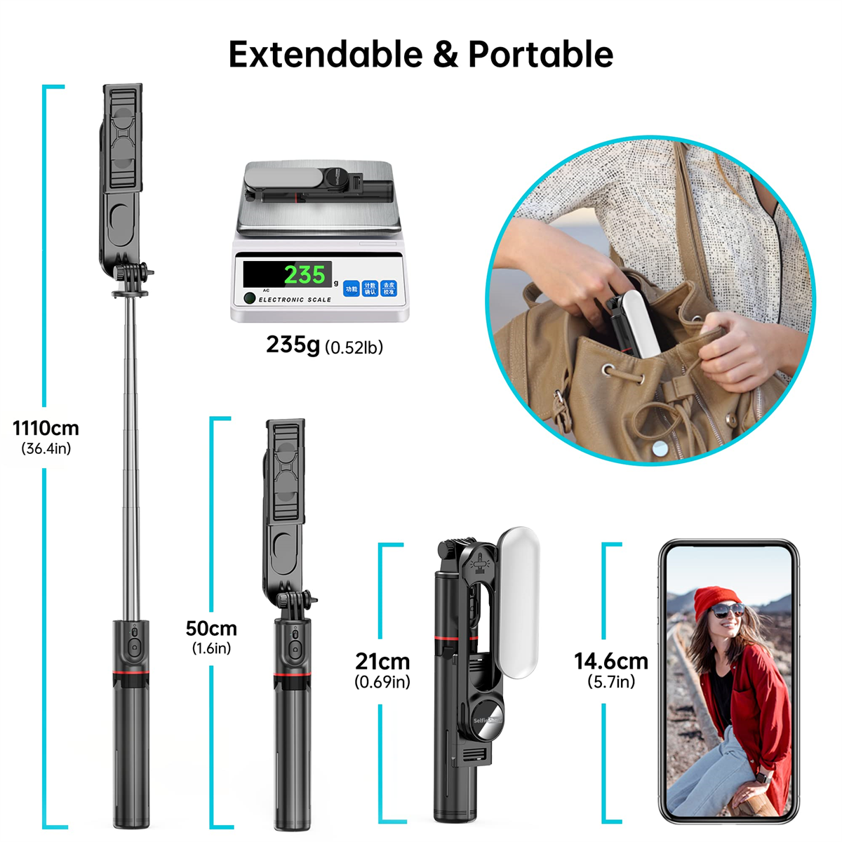 Ausziehbar & Tragbar: Selfie-Stick, Waage mit 235g, Person, die das Telefon in die Tasche legt.