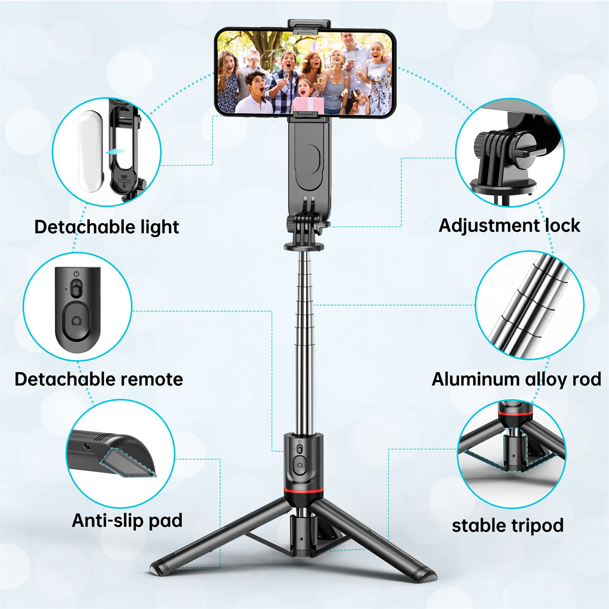 Ein Selfie-Stick mit Telefon, abnehmbarer Fernbedienung, Licht und Stativfuß.