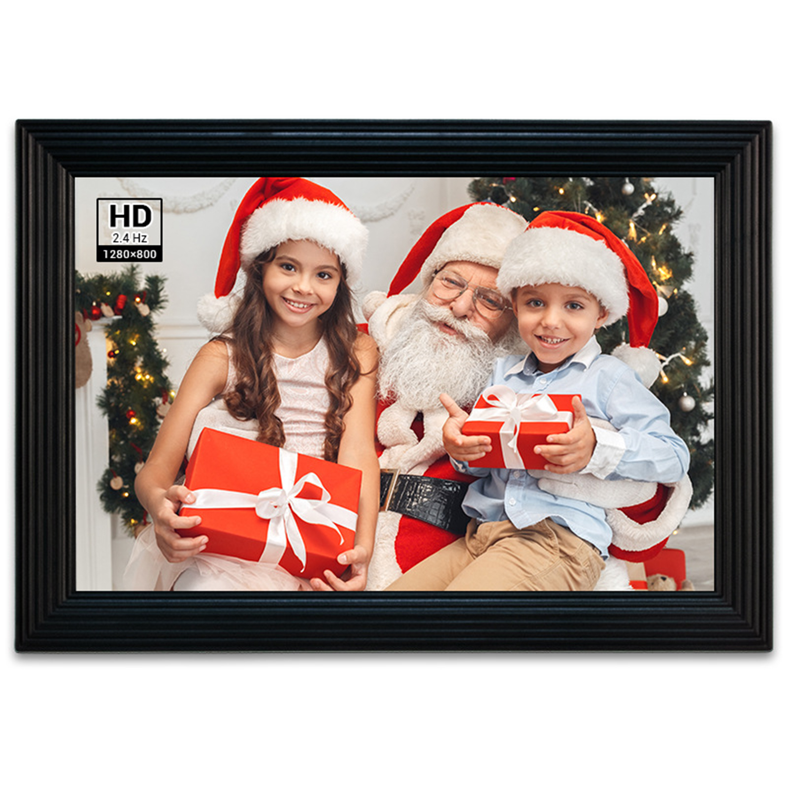 Weihnachtsfoto in einem schwarzen Rahmen. Weihnachtsmann, zwei Kinder, Geschenke und Weihnachtsbaum.