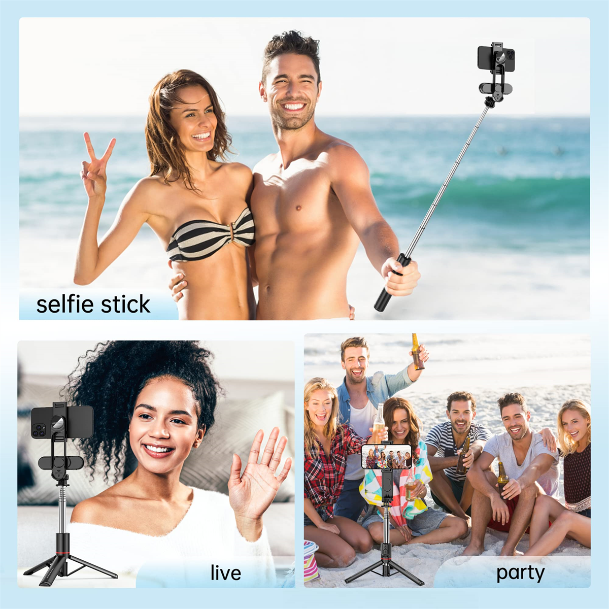 Drei Fotos: Menschen, die Selfie-Sticks am Strand benutzen, Live-Video und eine Party-Einstellung.