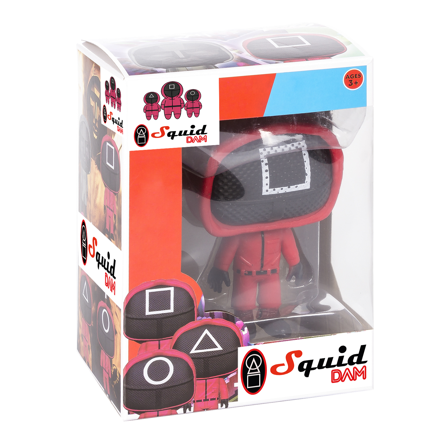 Figura di Squid Game in scatola, tuta rossa, con forme.