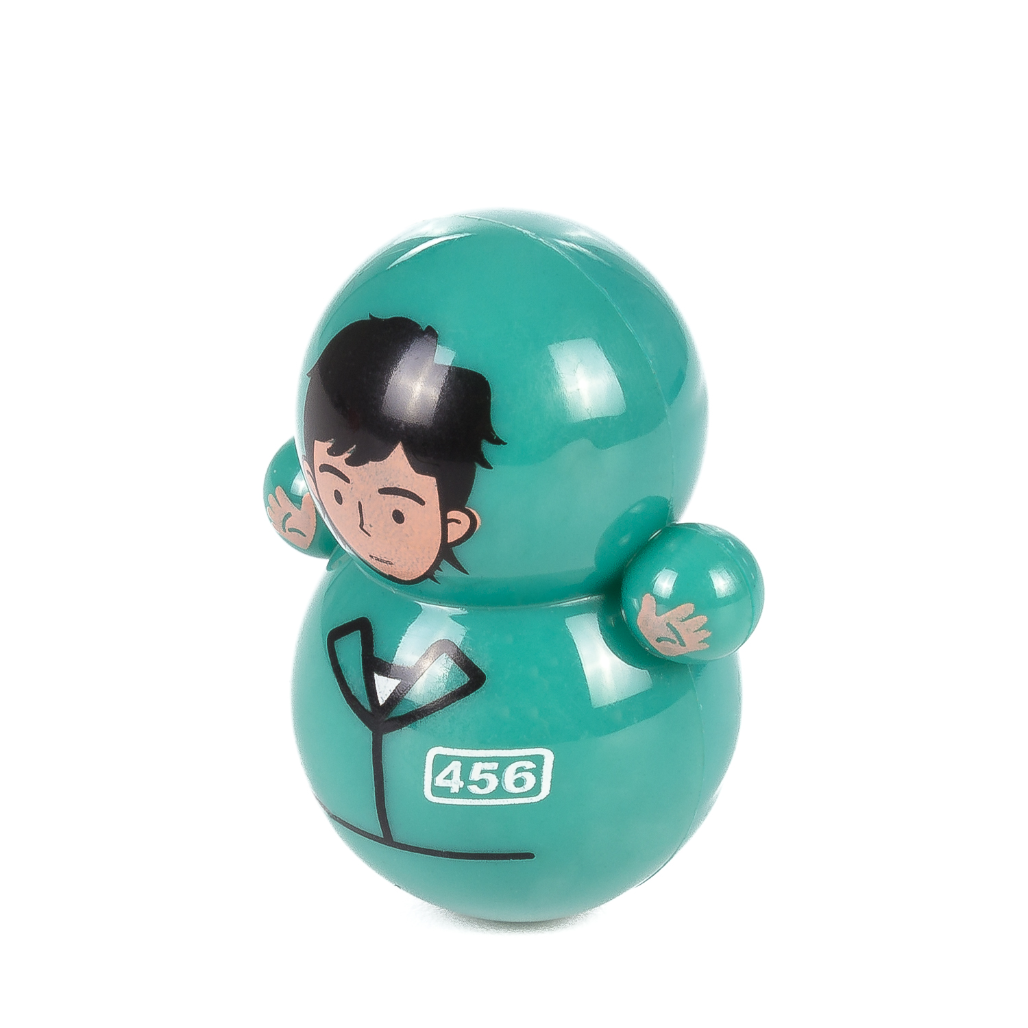 Una figura giocattolo verde con il numero 456. Sembra una persona.