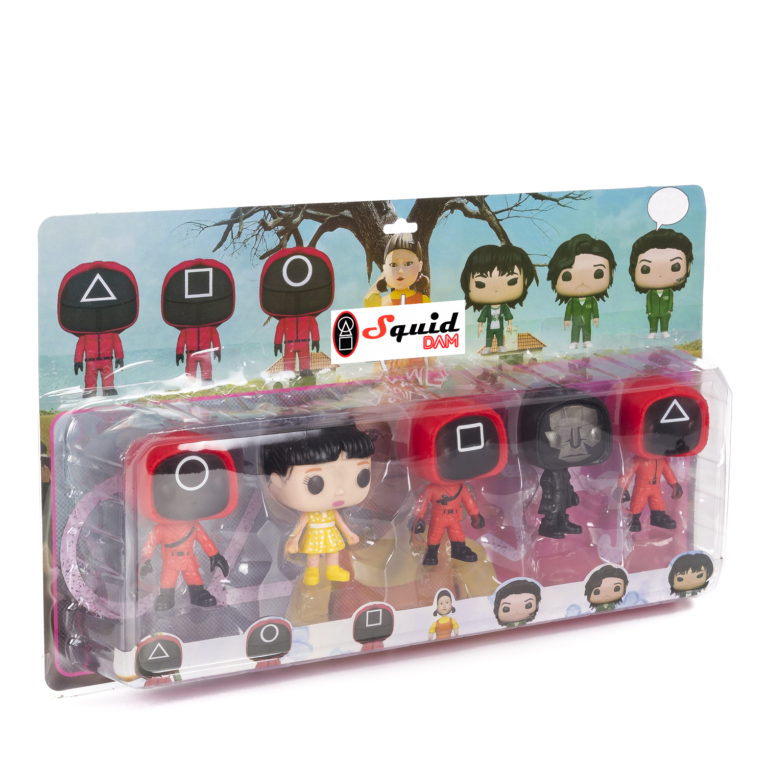 Un set di giocattoli Squid Game con più figurine nella confezione.