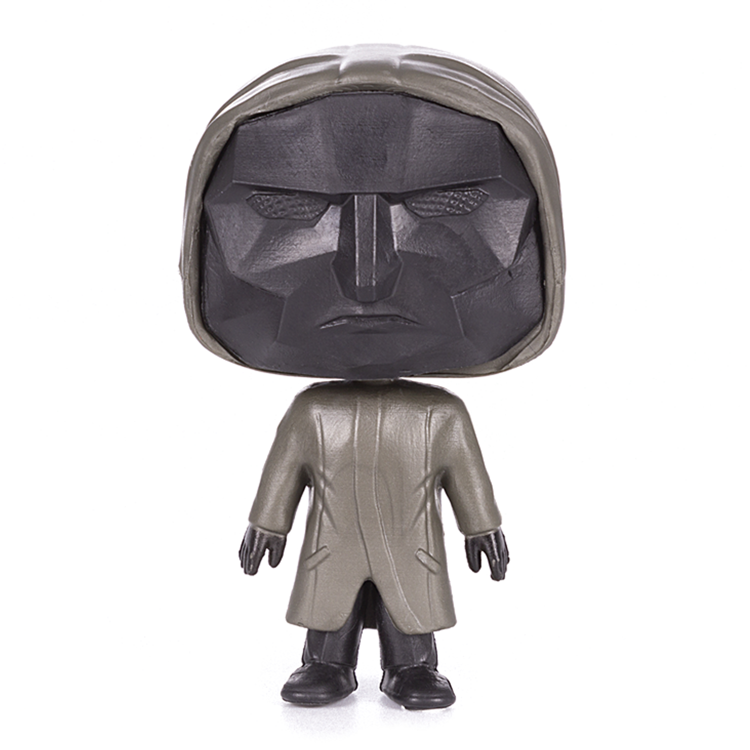 Eine Funko Pop Figur einer Figur mit grauem Mantel, schwarzer Maske und Kapuze.