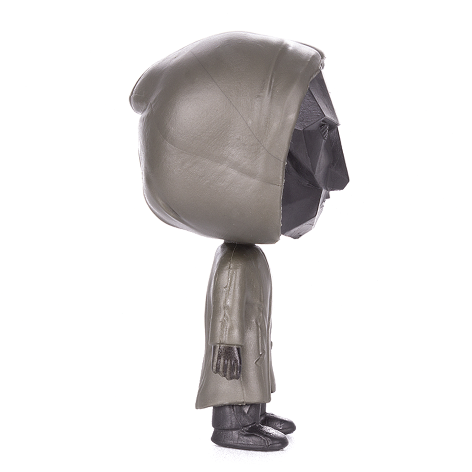 Squid Game-Figur in grauem Mantel mit Maske. Seitenansicht der Figur.