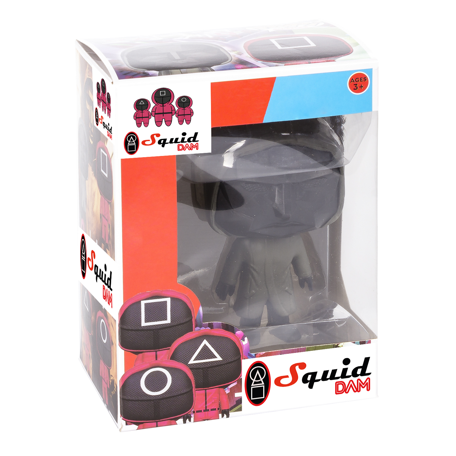 Squid Game Figur in einer durchsichtigen Box, mit Spielsymbolen auf der Box und Figur drin.