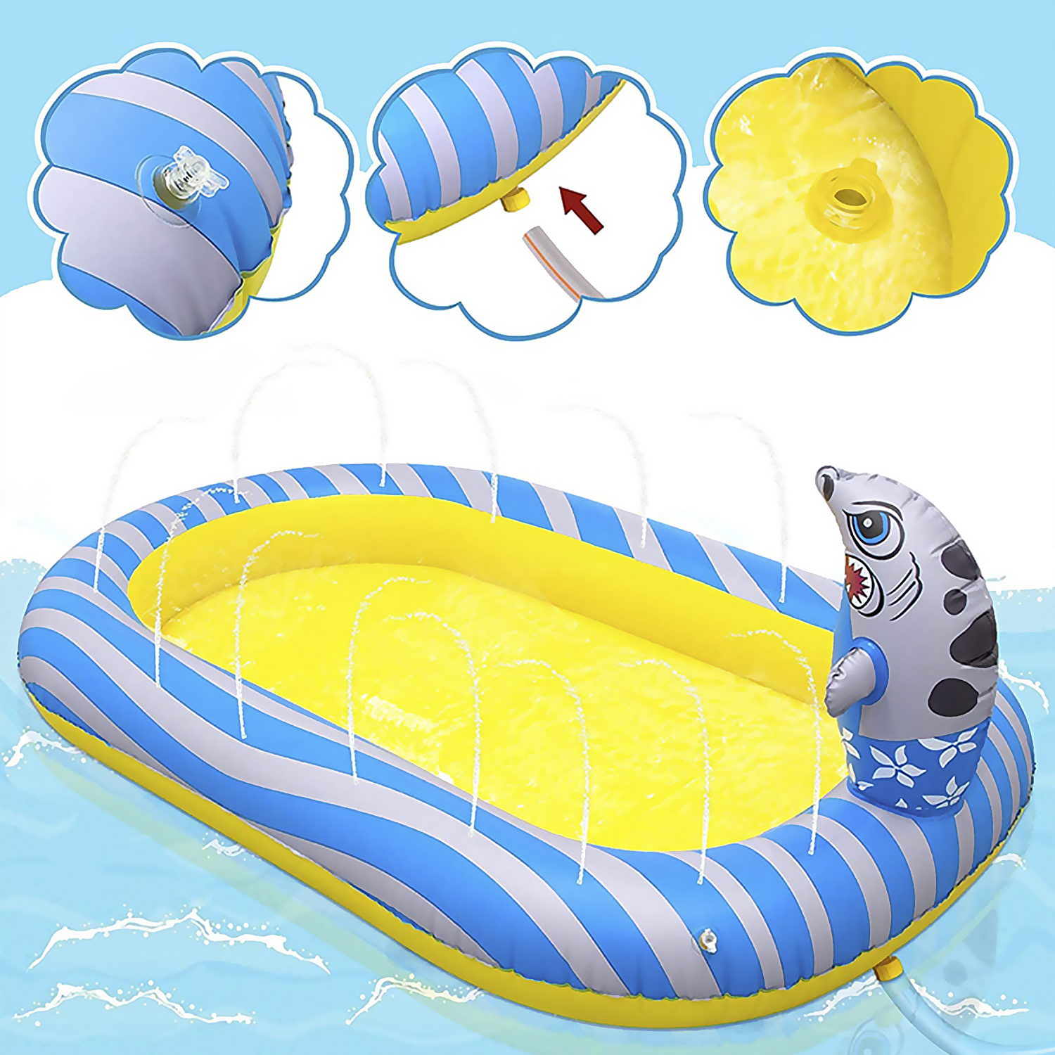 Piscina gonfiabile a righe gialle e blu. Dettaglio testa di squalo con getti d'acqua. Dettagli della valvola.