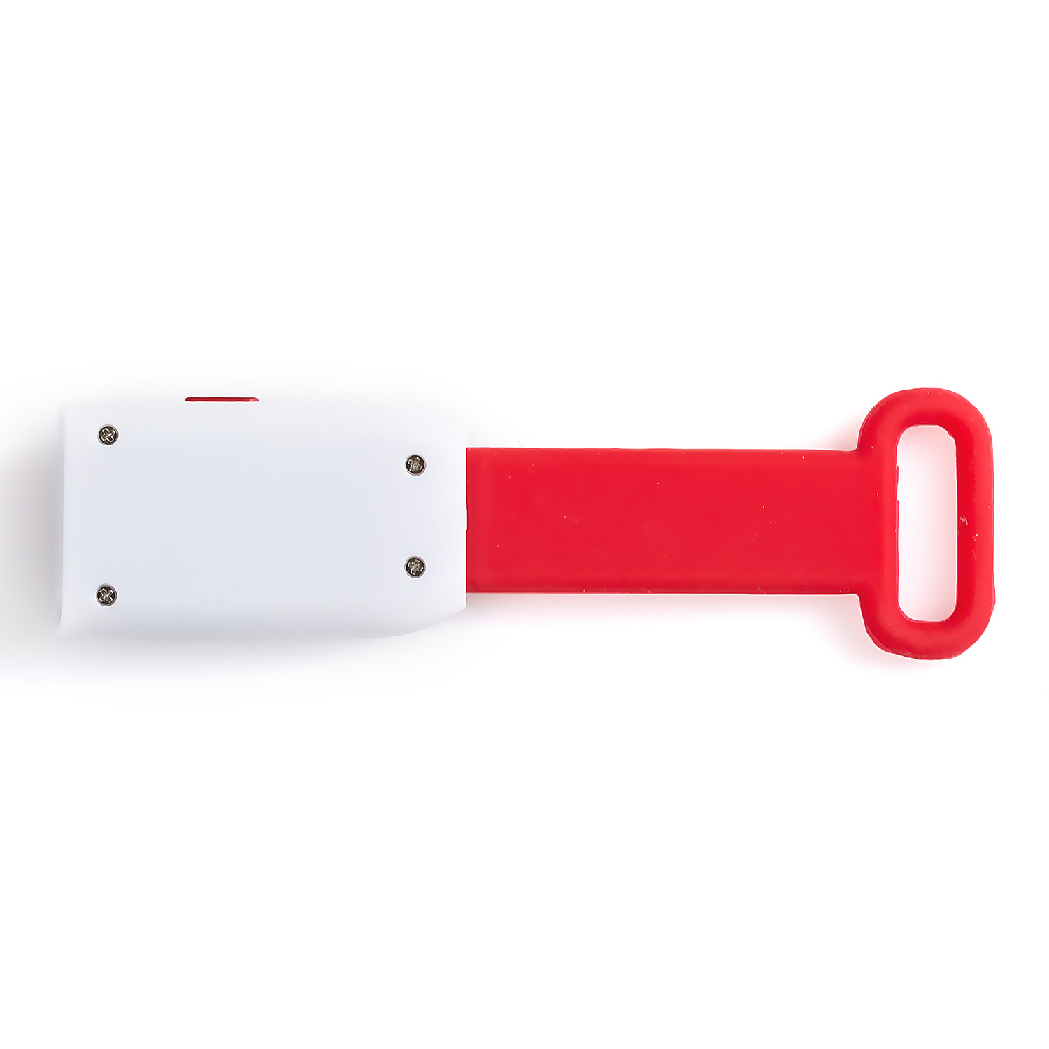 Un gadget bianco e rosso. Ha un manico rosso e quattro viti sulla superficie bianca.