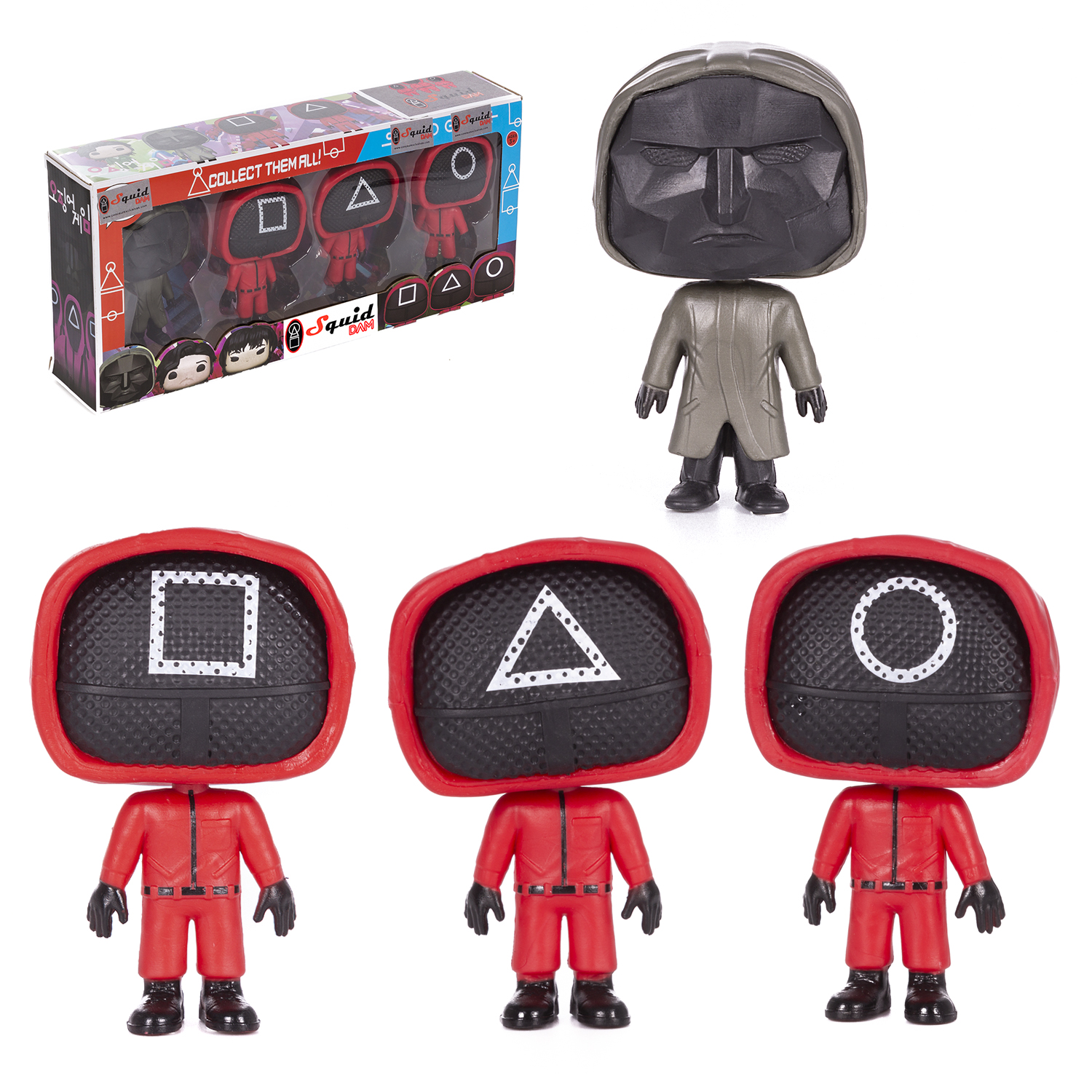 Personaggi di Squid Game: una guardia e tre figure mascherate in tute rosse, e una scatola.
