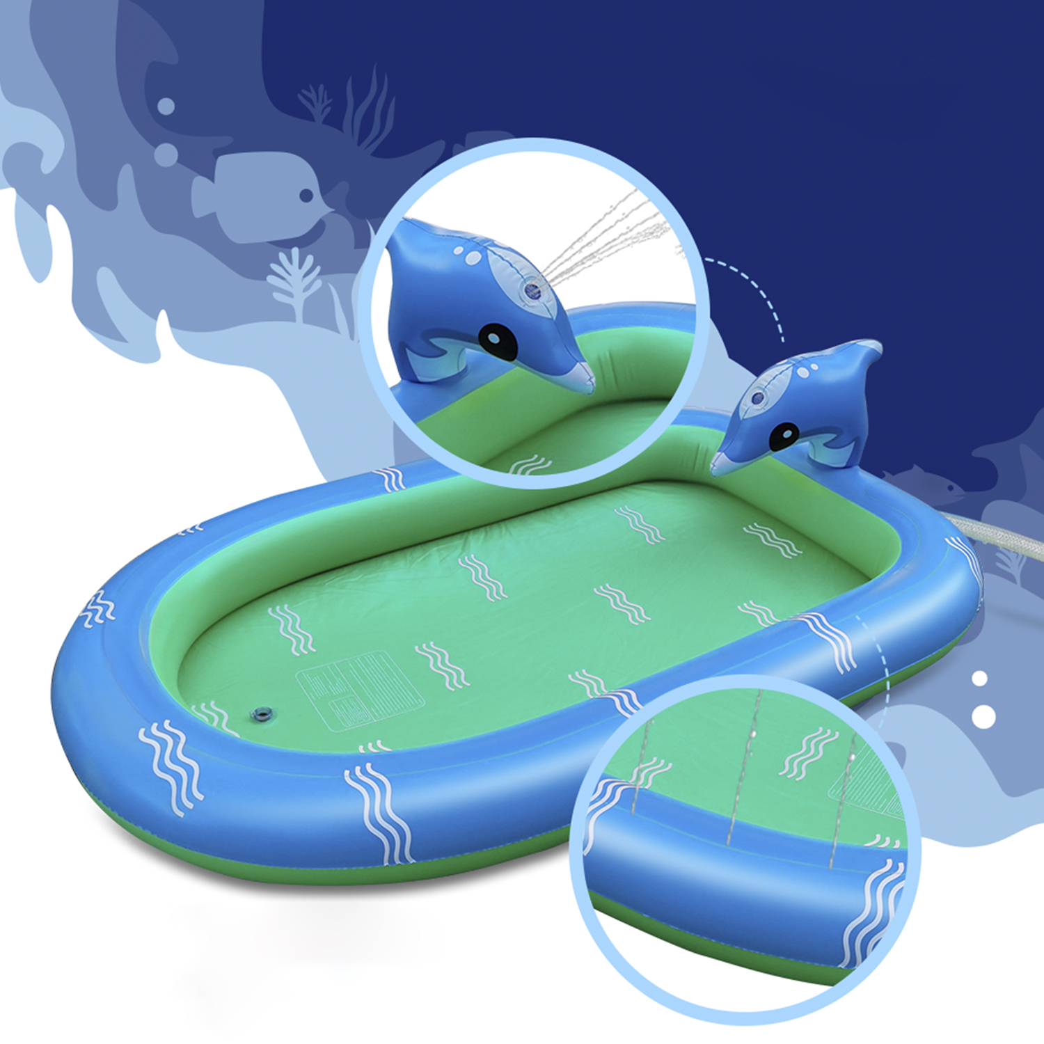 Una piscina gonfiabile con fontane a delfino. È blu e verde con effetti d'acqua. Lo sfondo è una sfumatura blu.