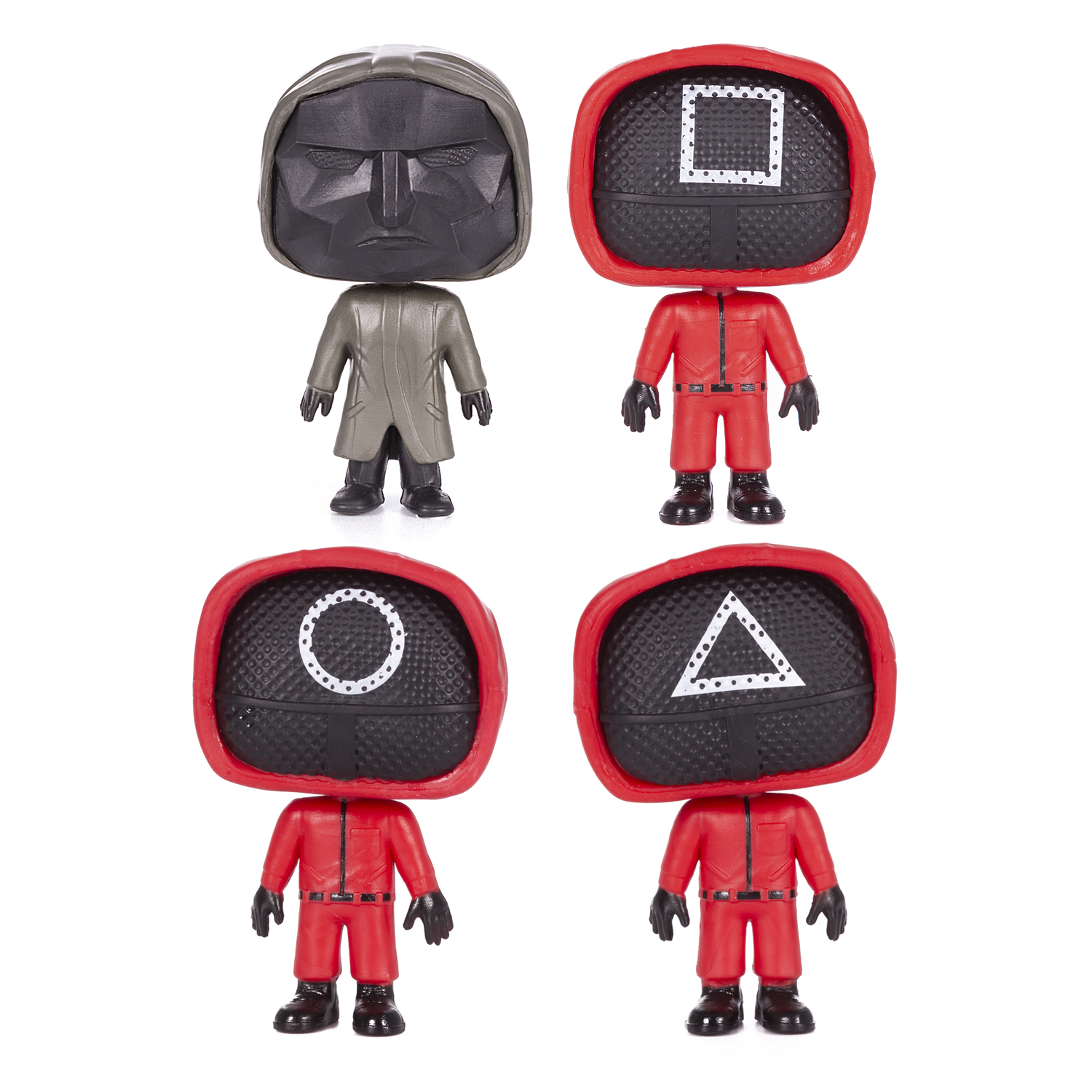 Quattro figure di Squid Game: Front man e tre guardie con forme diverse.