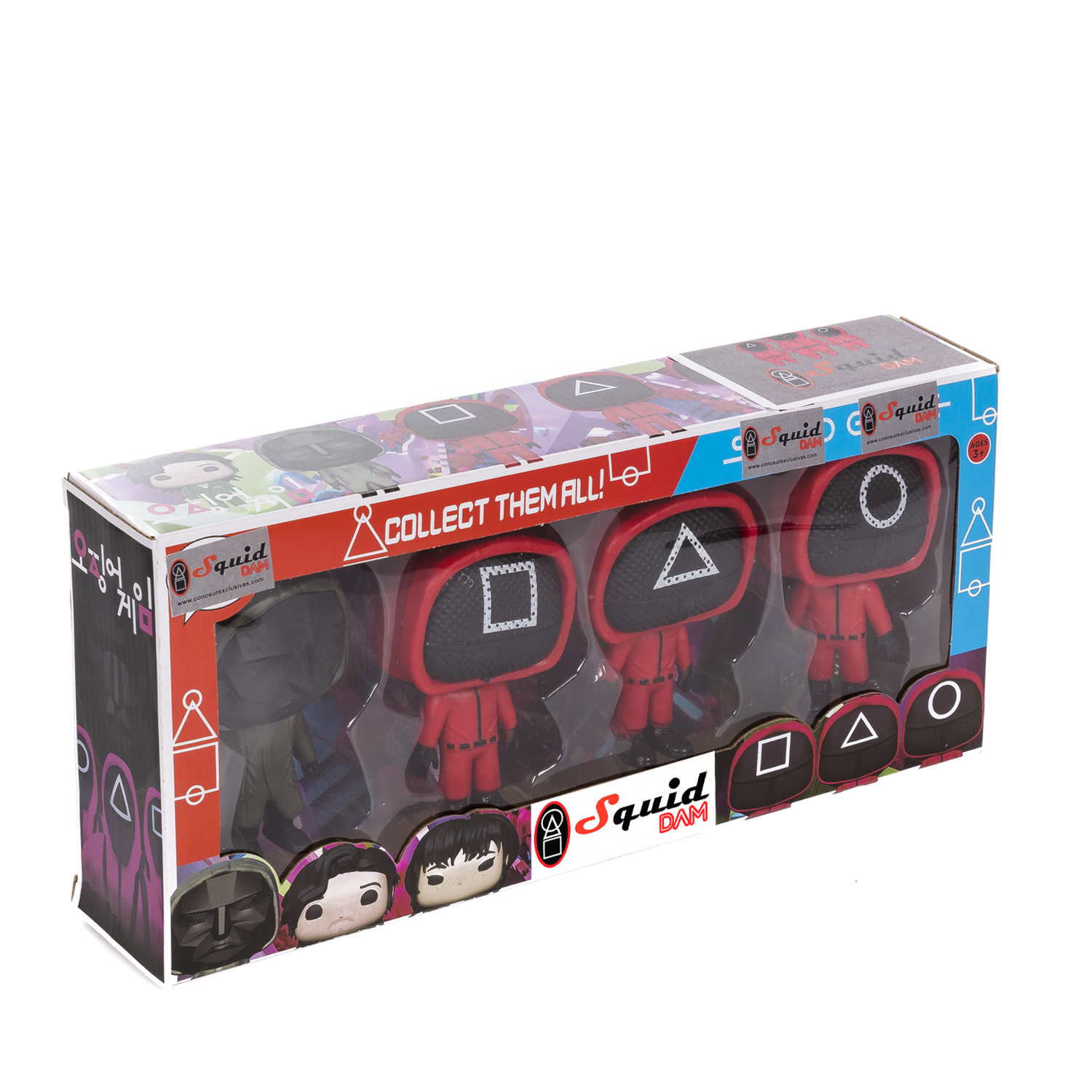 Set scatola Squid Game con statuette. Sfondo bianco.