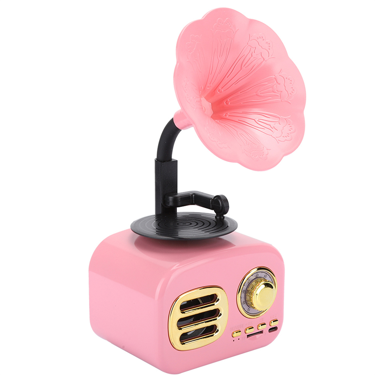Rosa Lautsprecher im Retro-Stil mit blütenförmigem Horn. Goldfarbene Details und verschiedene Anschlüsse sichtbar.