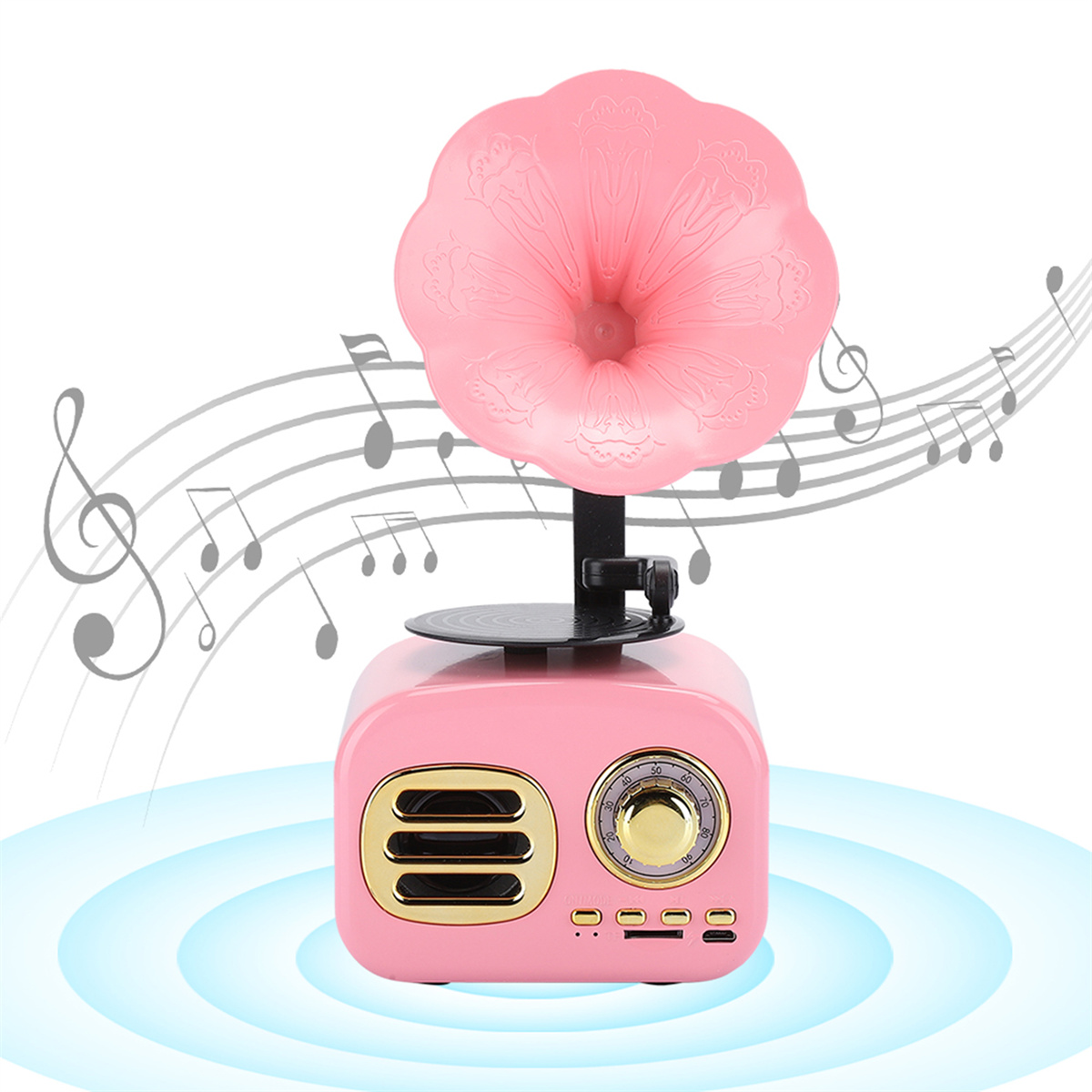Rosa Vintage-Radio mit Noten. Weißer Hintergrund.