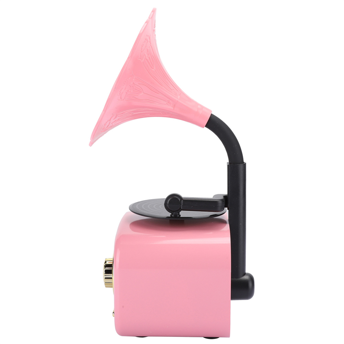 Rosa Retro-Grammophon mit schwarzem Arm, Lautsprecher und Plattenteller.