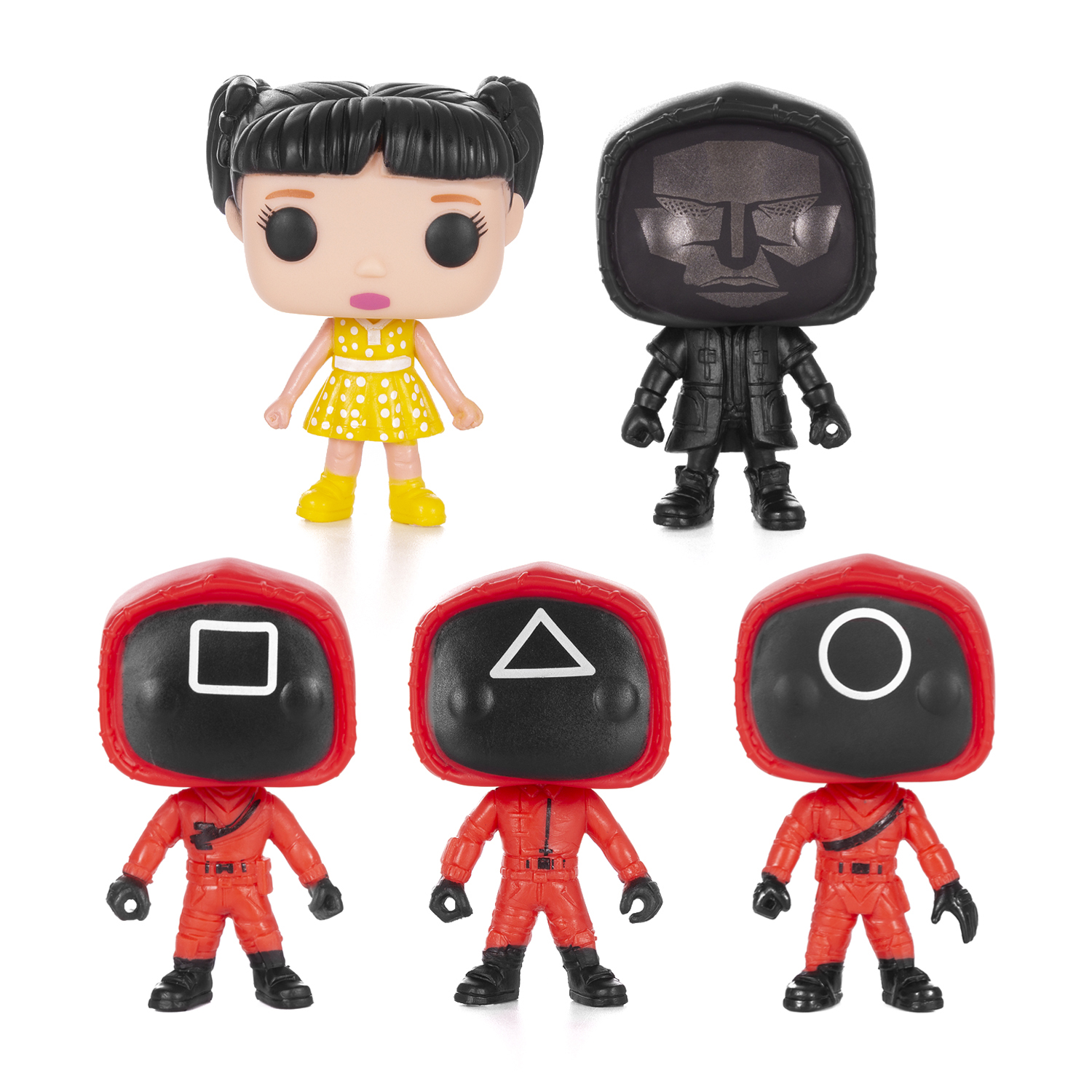 Funko Pop Figuren von Squid Game Charakteren. Enthält die Puppe, den Wächter und Maskenfiguren in roten Overalls.