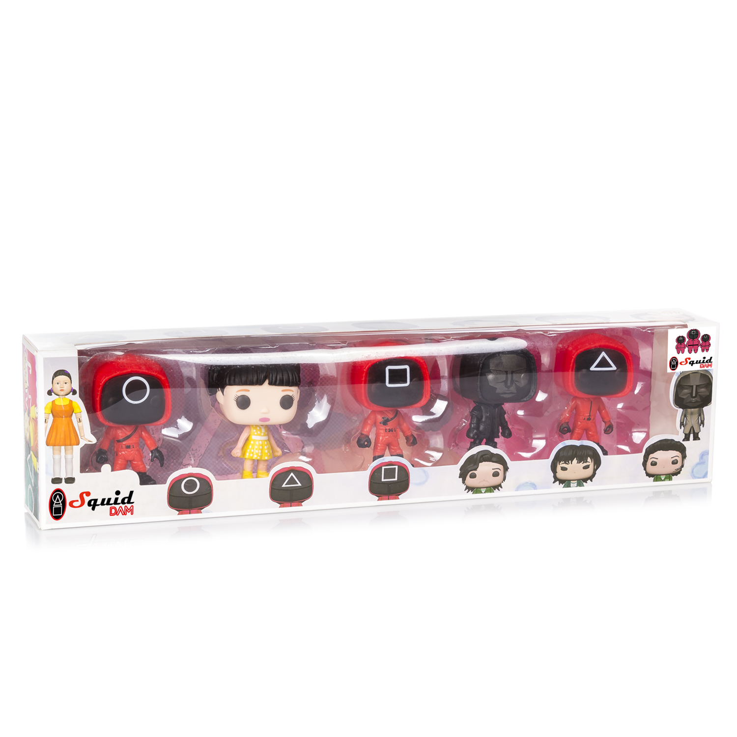Squid Game Figuren in einer Box, mit Charakterbildern, weißer Hintergrund.
