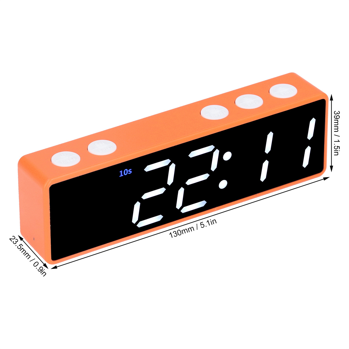Eine orangefarbene Digitaluhr zeigt 22:11 an. Sie hat Knöpfe oben und steht auf einer weißen Oberfläche.