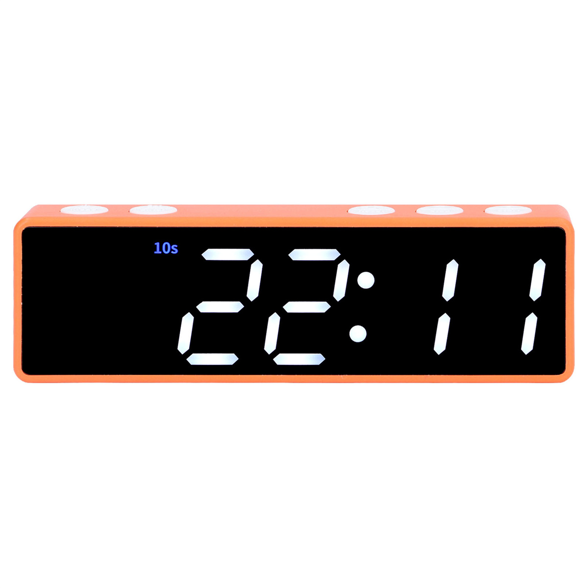 Orangene Digitaluhr mit der Anzeige 22:11. Die Uhr hat weiße Ziffern.